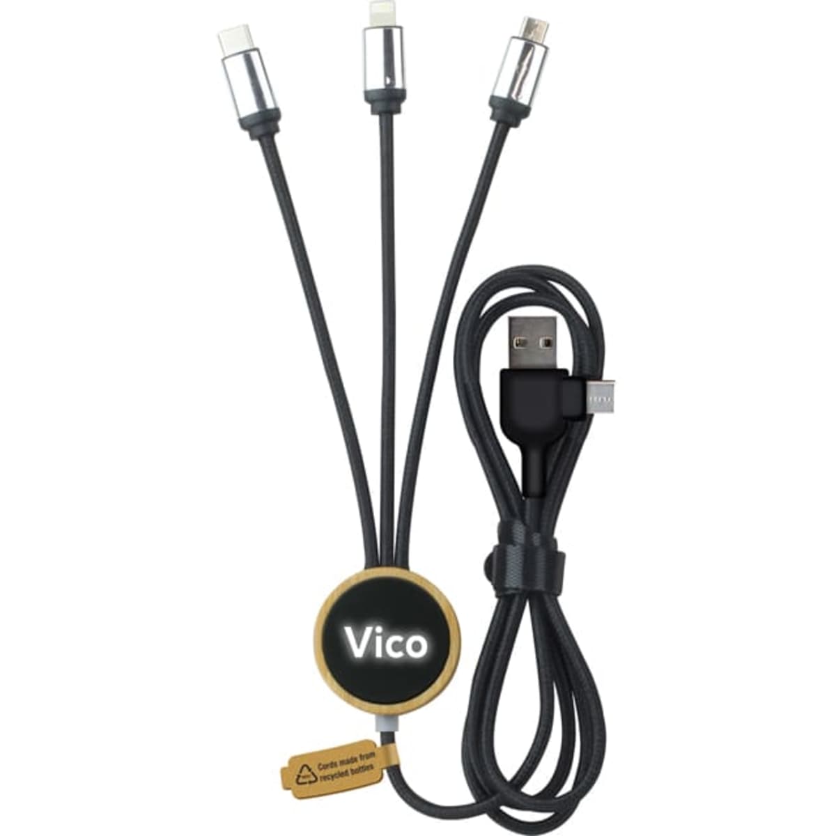 A black Vico LED charge cable with multiple connectors, featuring a circular base and a logo.