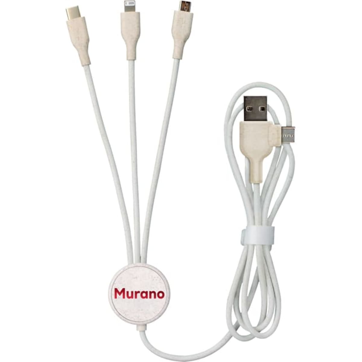 A white Murano charge cable featuring multiple connectors: USB, Lightning, and micro USB, with a circular branding tag.