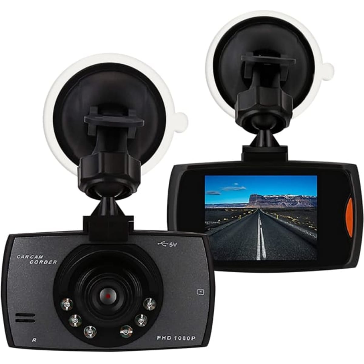 A black dash cam with a front-facing camera and a display, mounted on a suction cup.