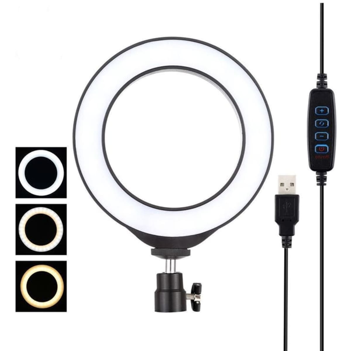 A 6-inch LED halo light in white with a black trim, featuring a USB connection and a control panel.