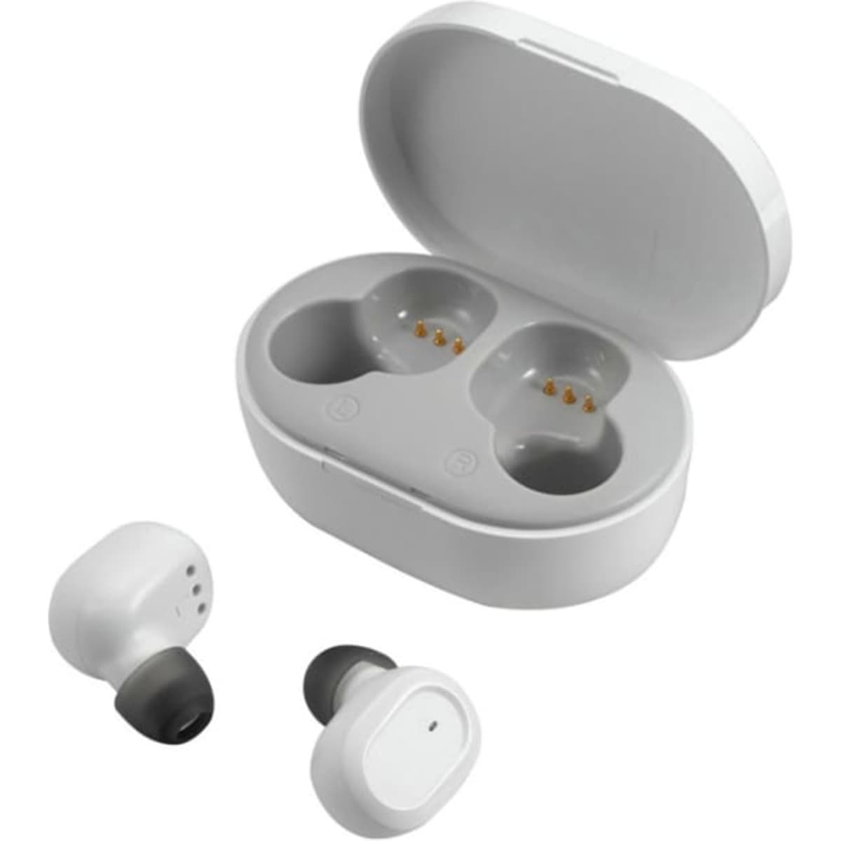 White true wireless stereo earbuds in a charging case, with one earbud placed outside the case.