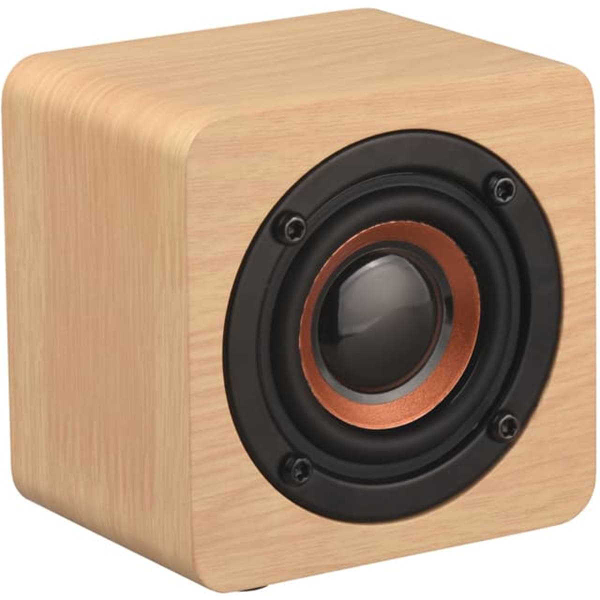 A wooden square speaker with a black circular speaker grill and copper detail, featuring a logo on its side.