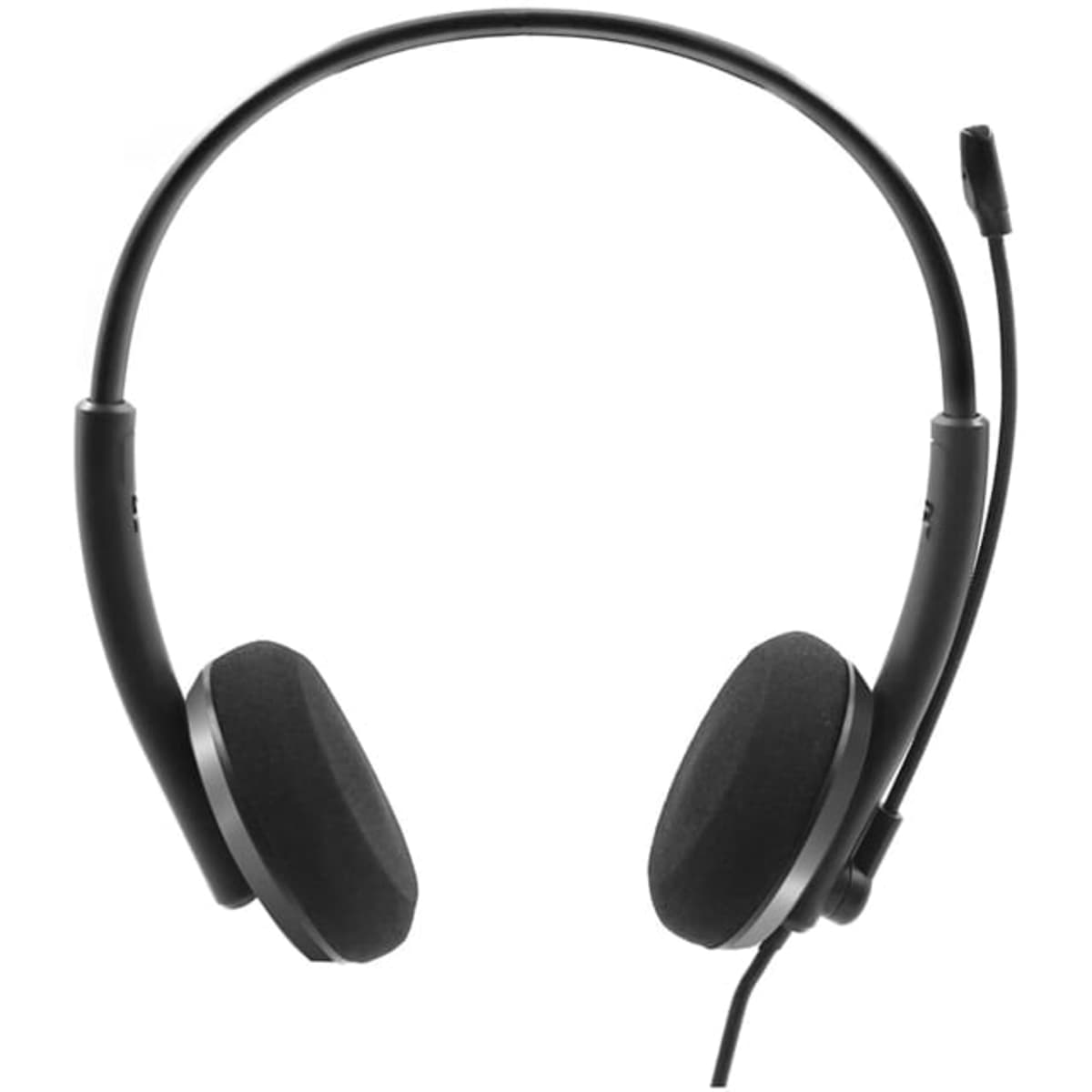 A pair of black conference headphones with a single microphone and cushioned ear pads.
