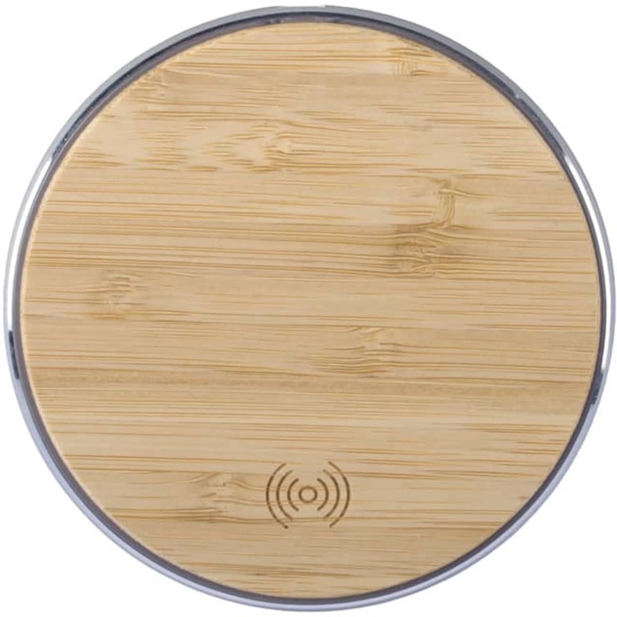 A round bamboo wireless charger featuring a silver border and a subtle logo at the bottom.