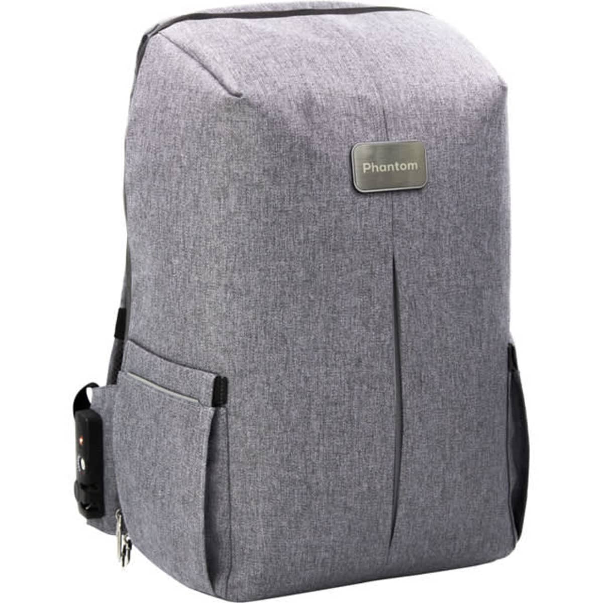 A grey backpack with a sleek design, featuring side pockets and a logo on the front.