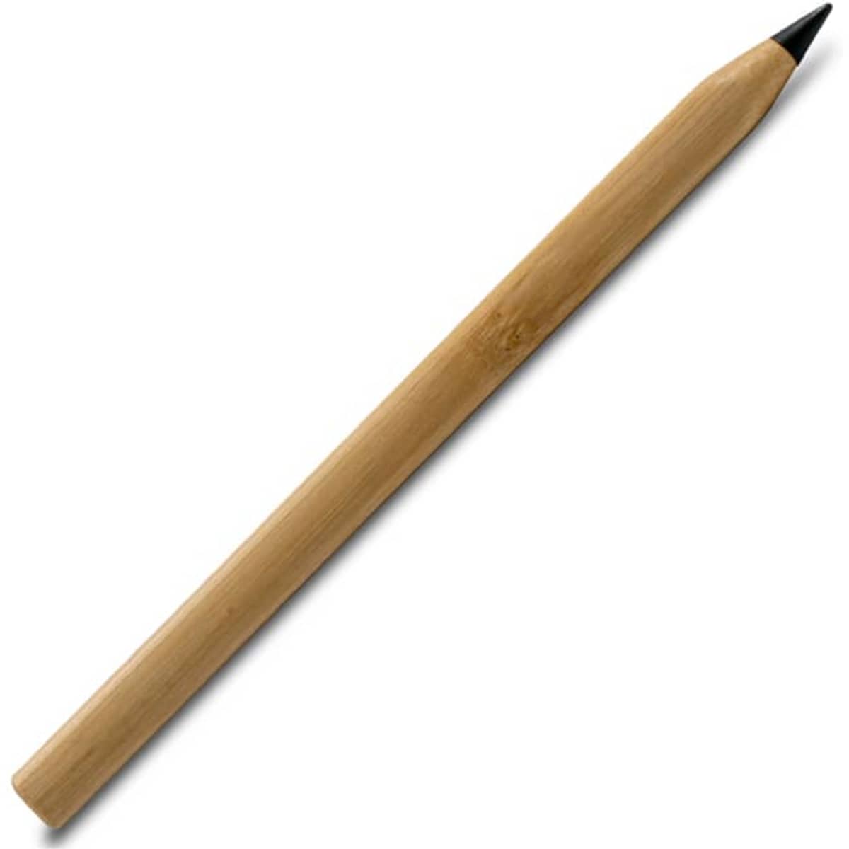 A bamboo pen with a natural wood finish and a black tip, featuring a branding logo.