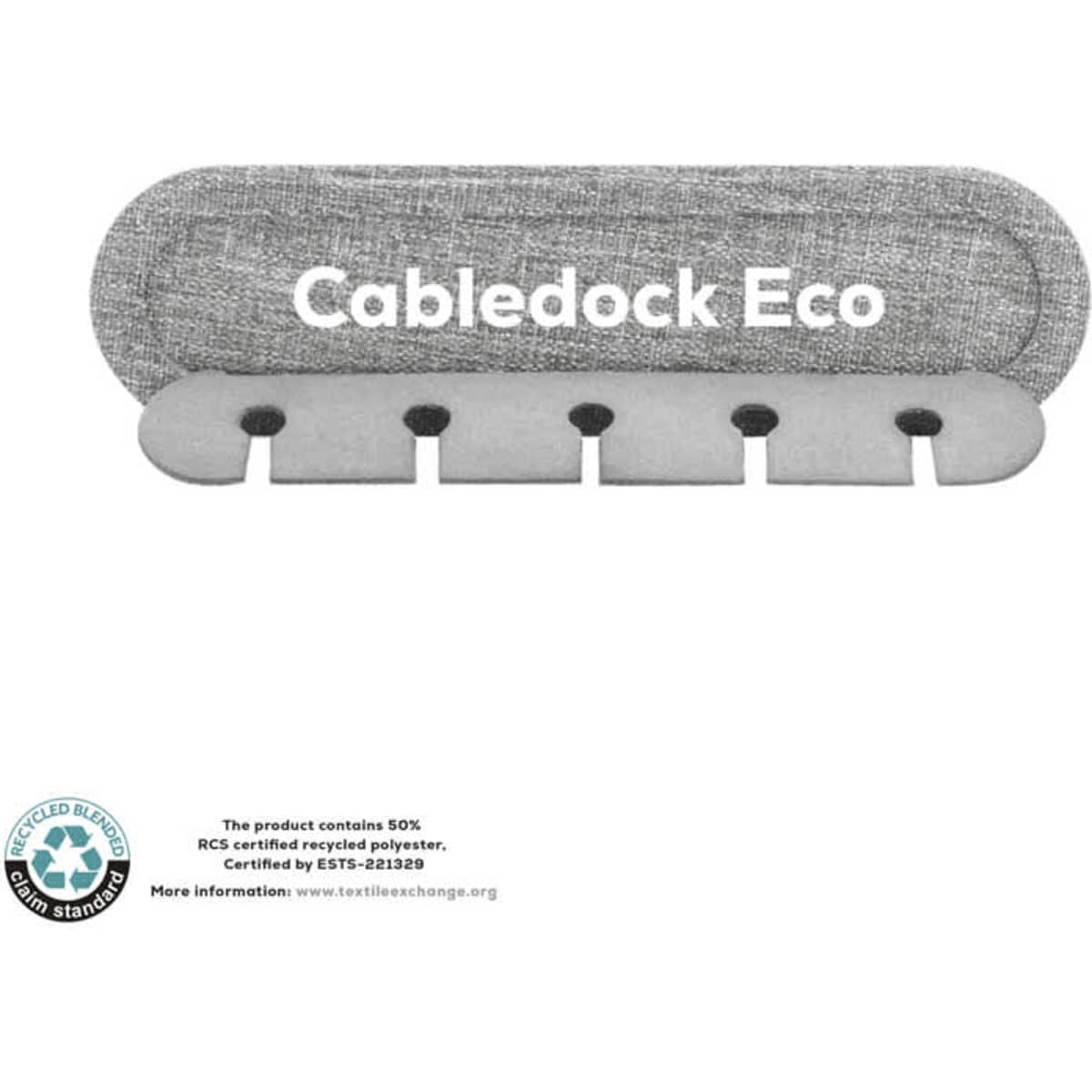 A grey cable organiser with multiple slots for tidying cables, made from recycled polyester. It features a branding logo.