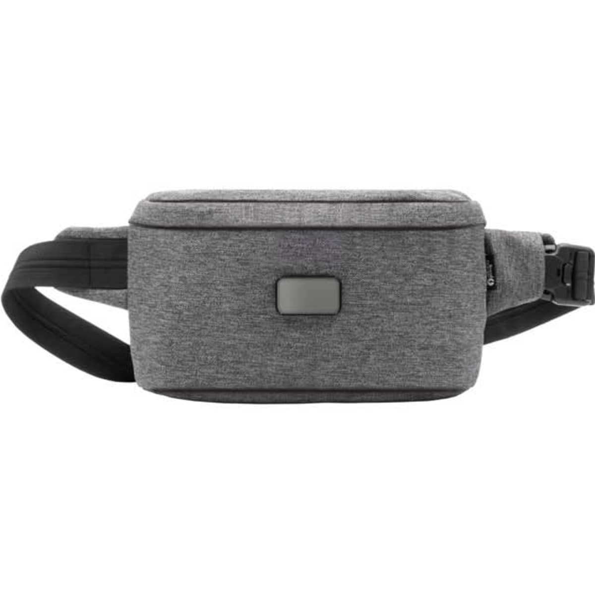 A grey anti-theft sling bag with a sturdy strap and a small logo on the front.