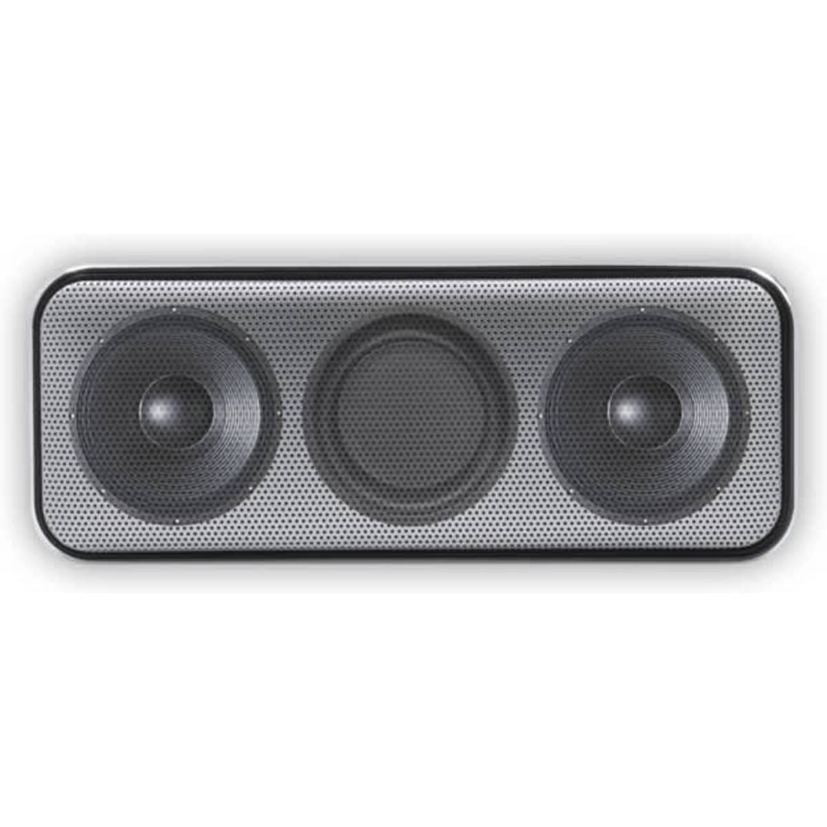 A Bluetooth speaker in black and silver featuring two speakers and a central driver, with a textured surface and logo.