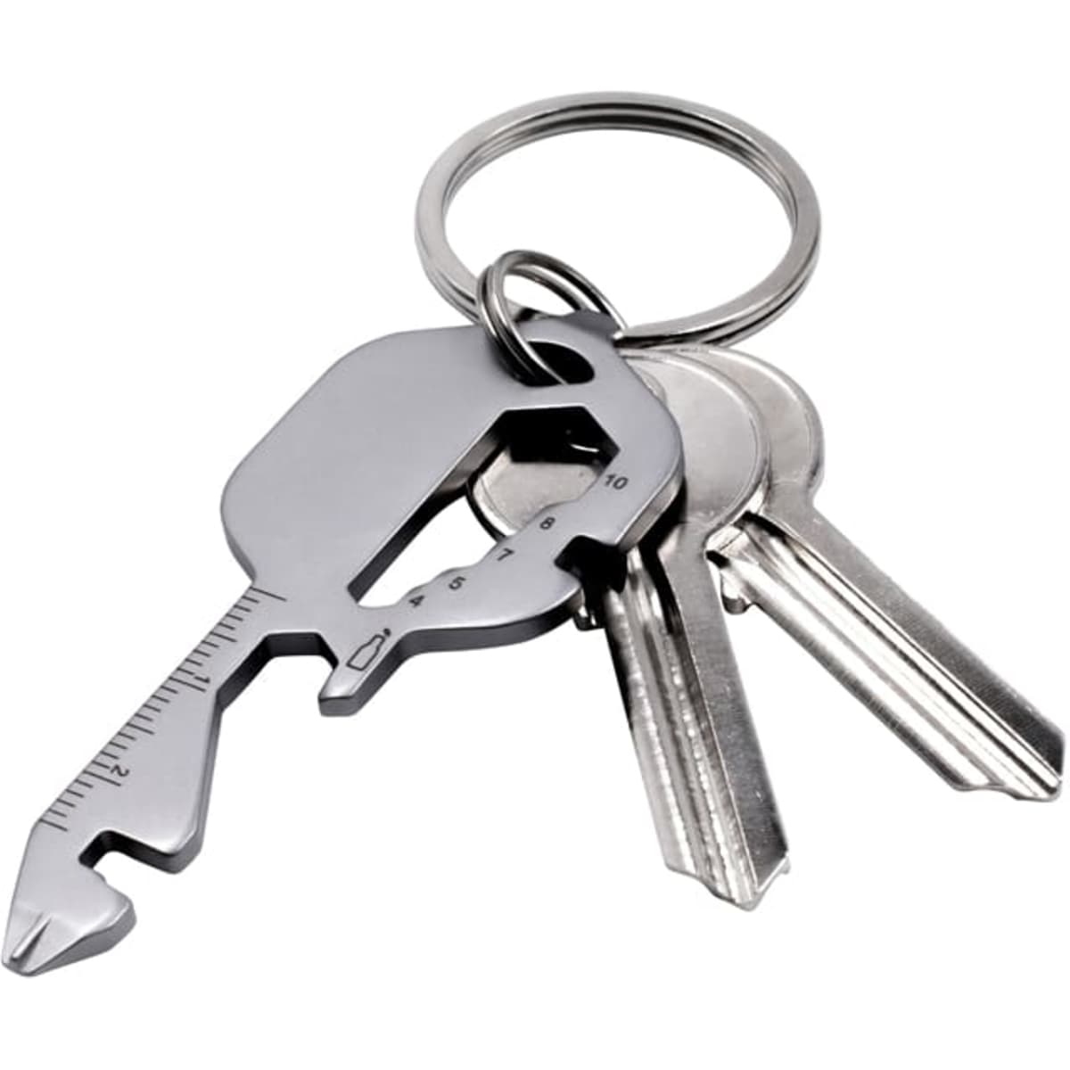 A multi-tool keyring in metallic grey with several standard keys attached. The tool features measuring lines and a unique shape.
