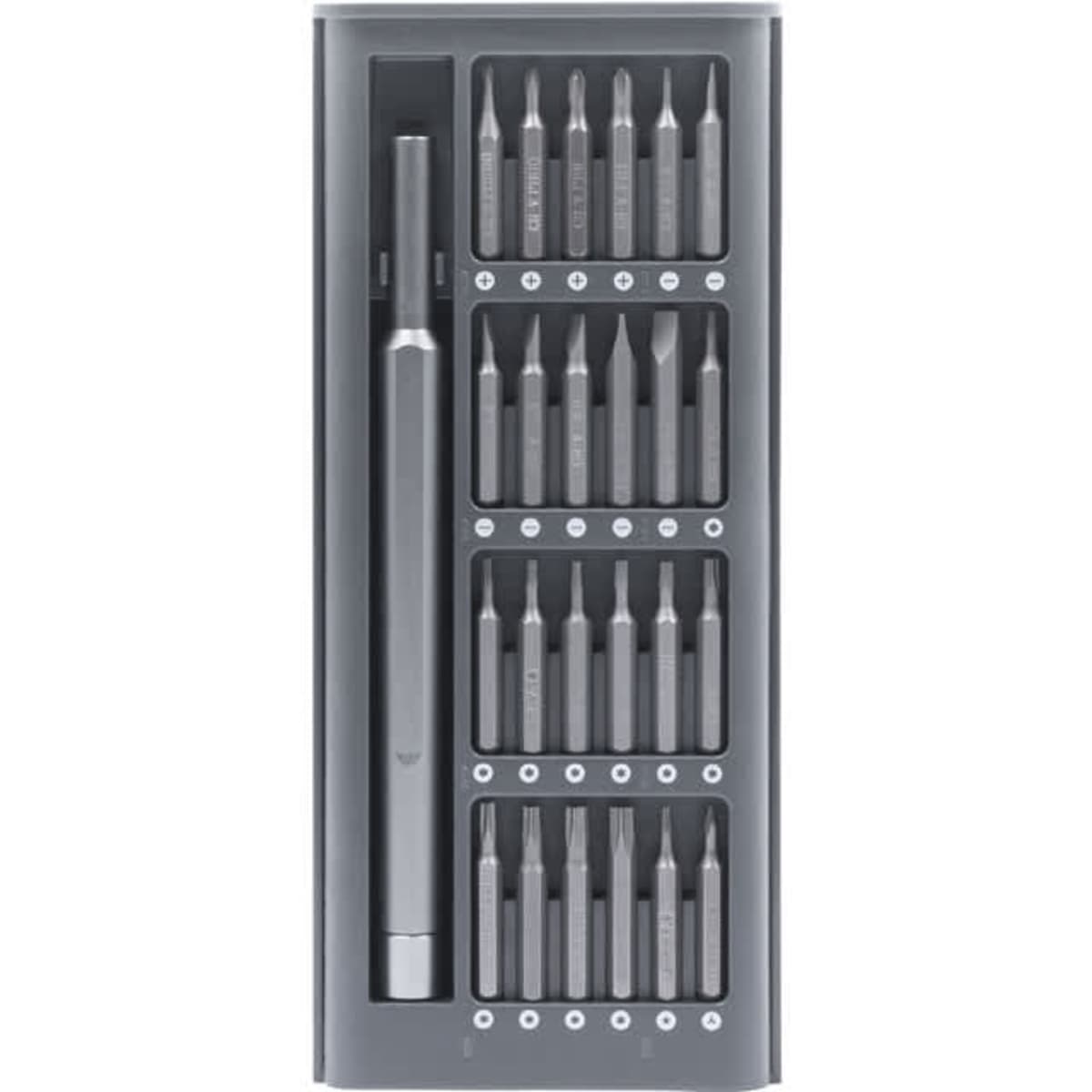 A precision tool kit in grey, featuring a metal handle and multiple interchangeable screwdriver bits in a neat storage case.