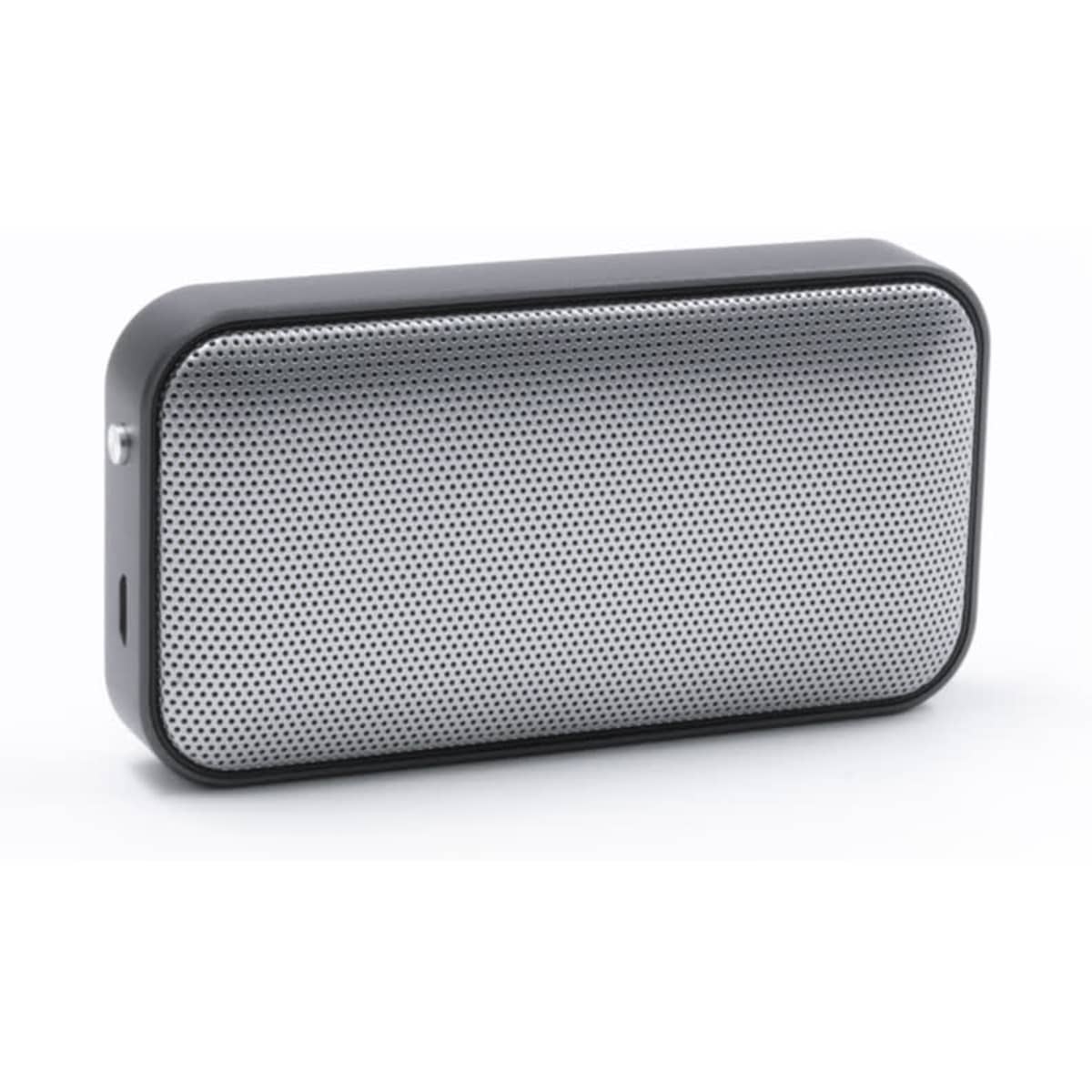 A compact black and silver wireless speaker with a mesh front design and a side port. It features a logo on the surface.