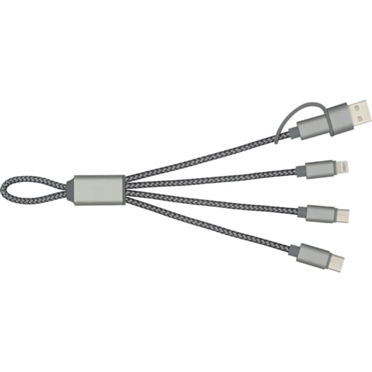 A charging cable with multiple connectors in grey, featuring a braided design and a logo.