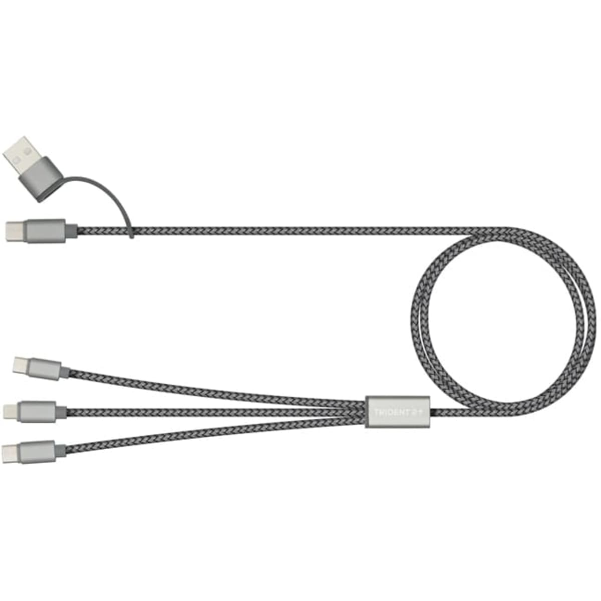 A grey charging cable with multiple connectors, featuring a branded section along its length.
