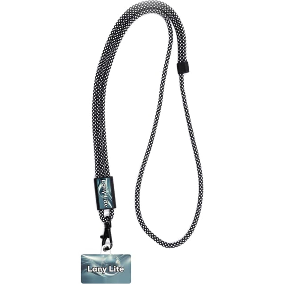 A black and white patterned crossbody phone strap with a clip and a card holder attachment.