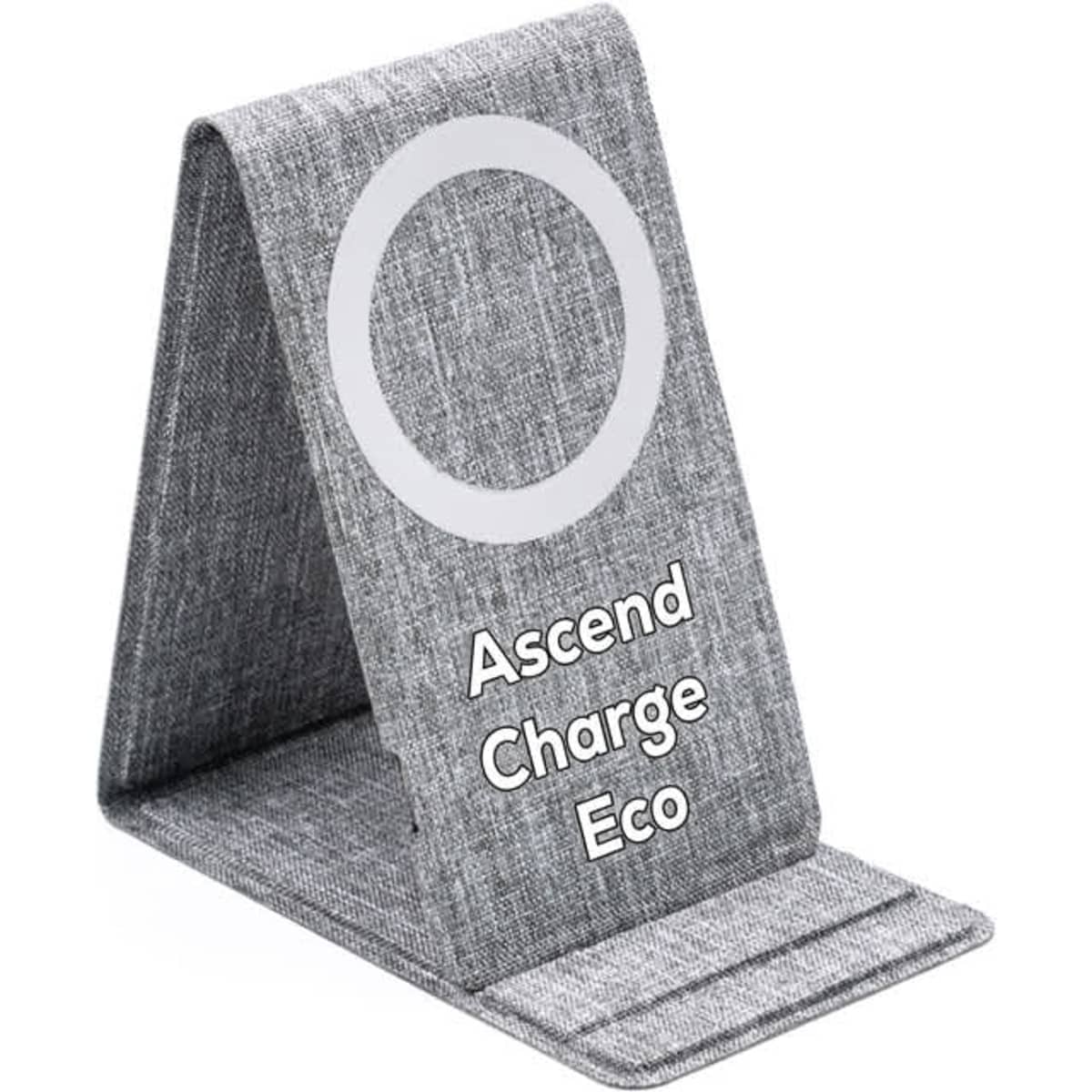 A grey wireless charger with a vertical design and a circular charging area. It features a logo on the front.