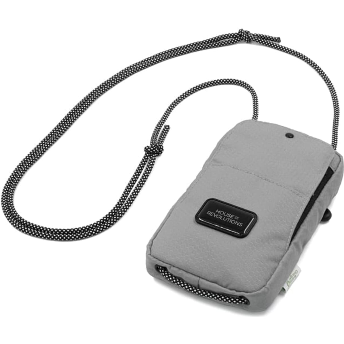 A grey eco-friendly bag with a black strap and a logo, designed for carrying small essentials.
