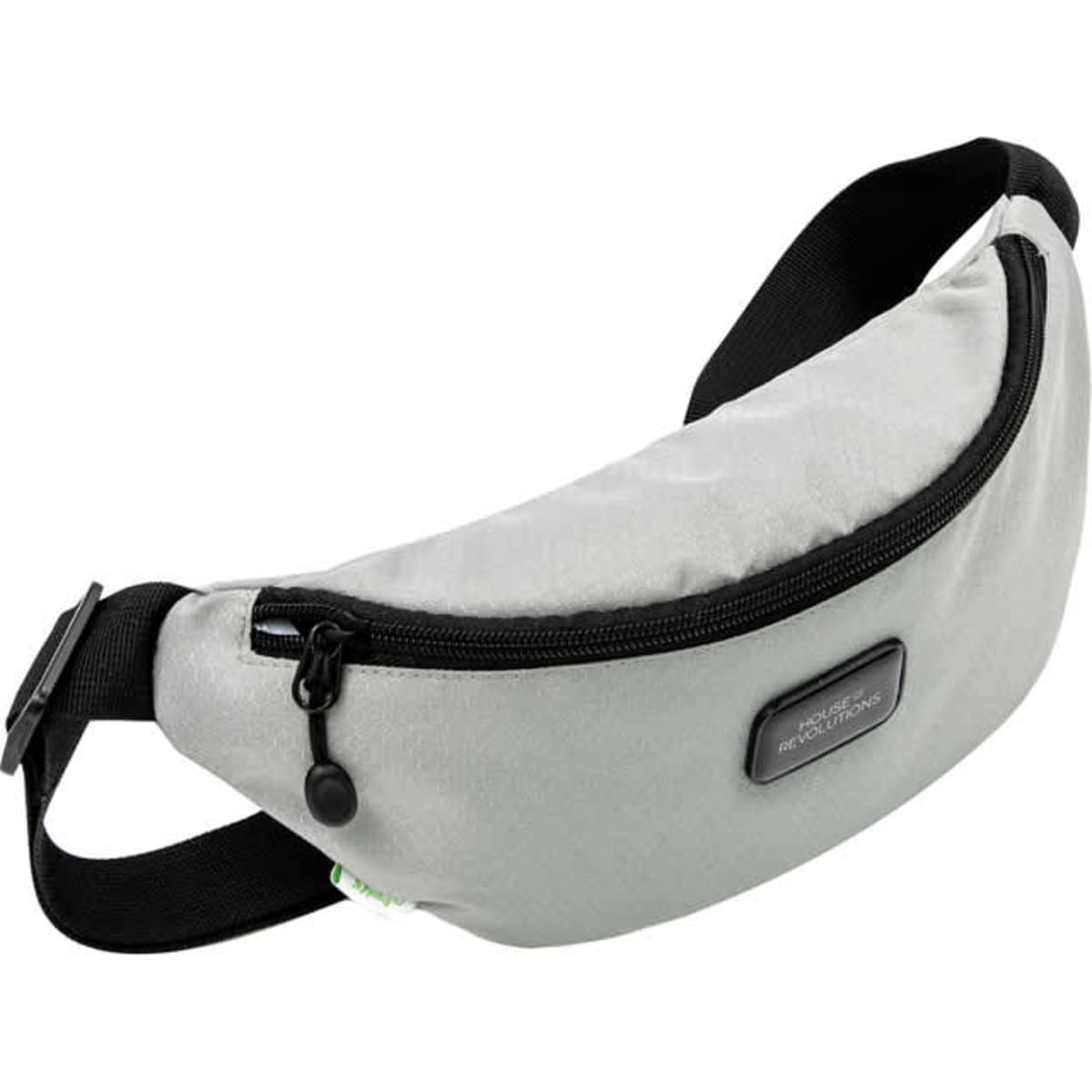 A light grey eco-friendly waist bag with a black strap and a zipper, featuring a small logo.