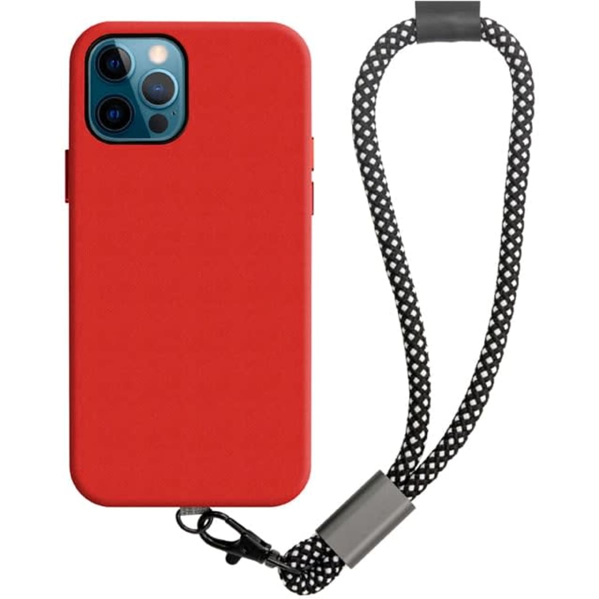 A red phone case with a black and white patterned wrist strap, featuring a metal clip and a logo.