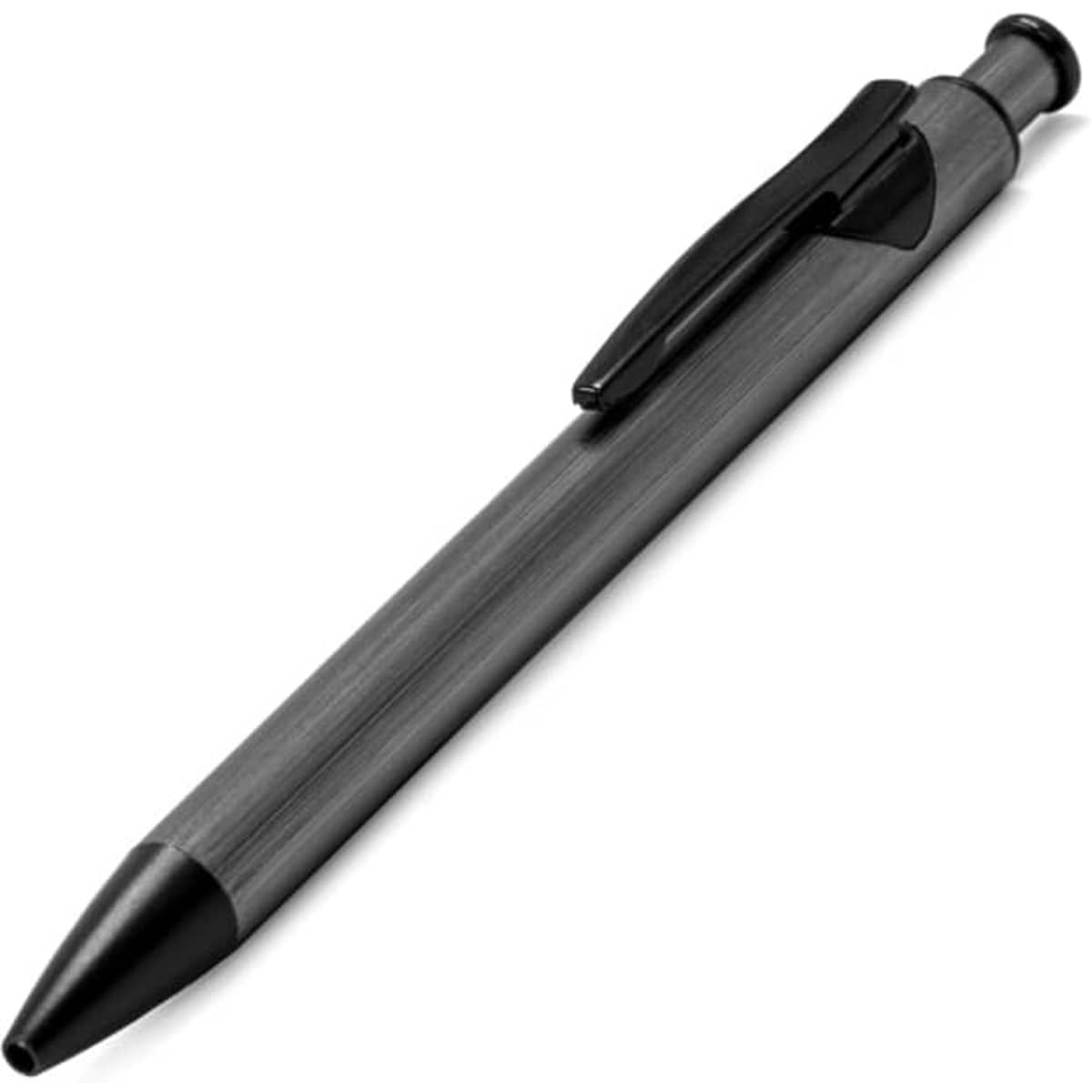A metal pen with a sleek grey finish and a black clip, featuring a logo.
