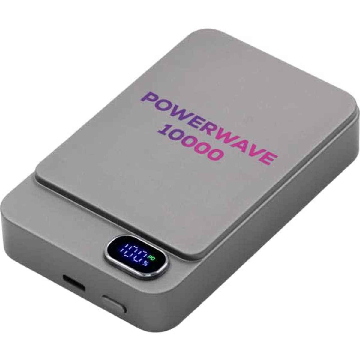 A grey wireless power bank with a digital display and a logo, featuring a sleek, rectangular design.