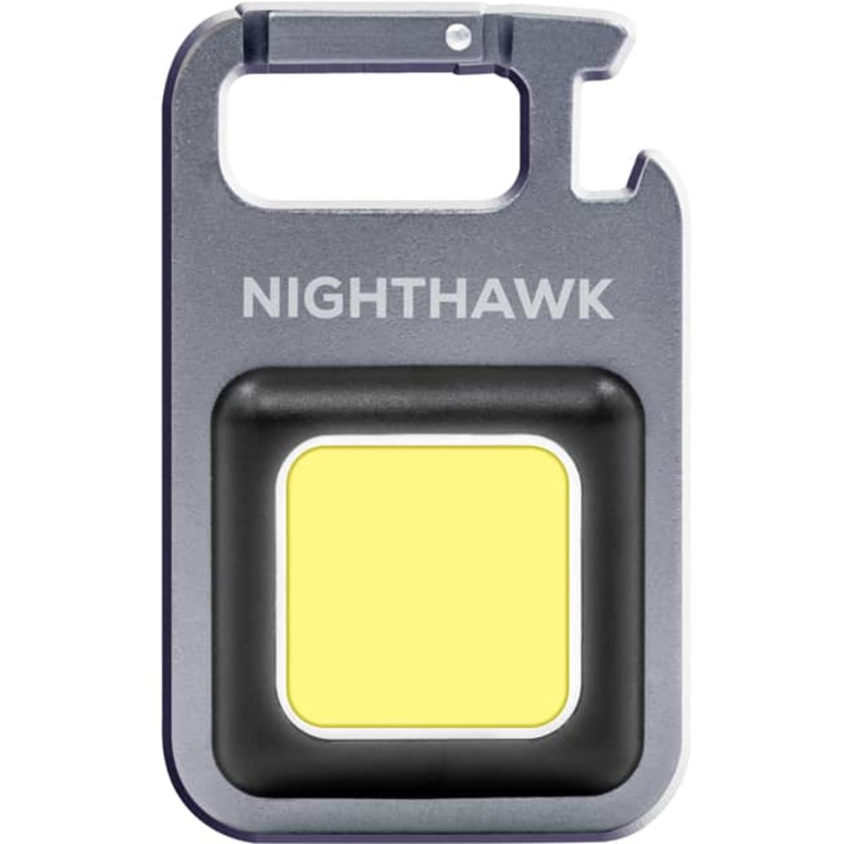 A silver multi-tool featuring a square LED light, with a built-in keyring attachment and a branding logo.