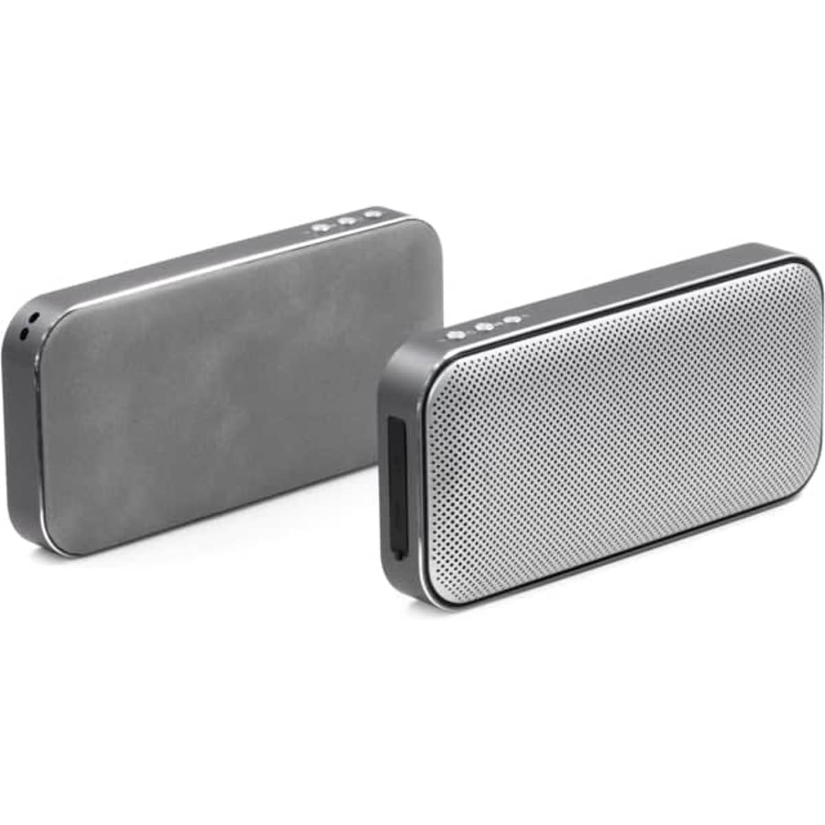 A Bluetooth speaker power bank in grey and silver with a sleek design and control buttons on top.