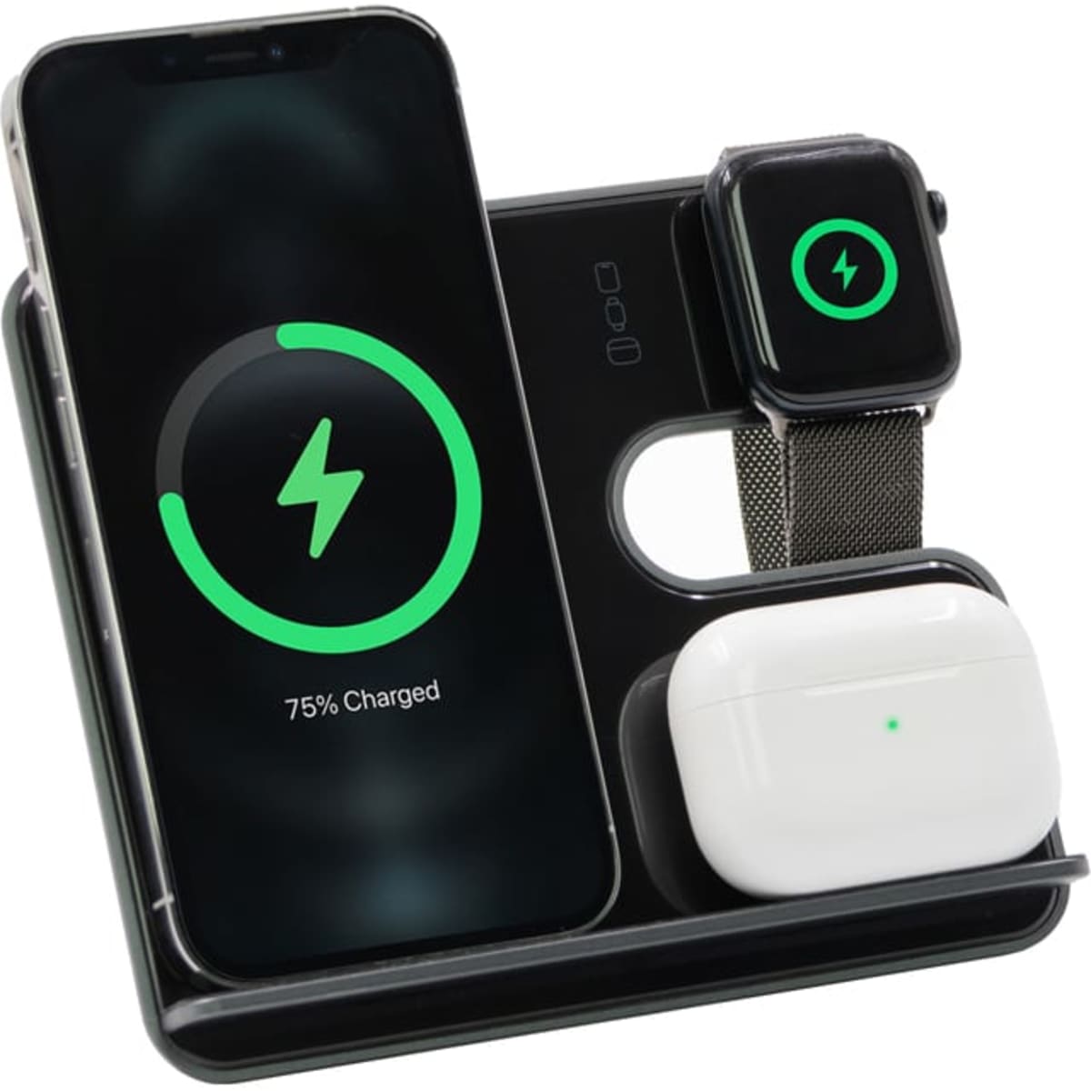 A wireless charging stand featuring a black finish, designed to charge a phone, smartwatch, and earbuds simultaneously.