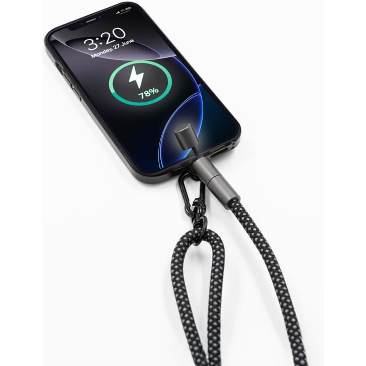 A phone strap with a braided black cable connected to a smartphone, displaying a charging icon on the screen.