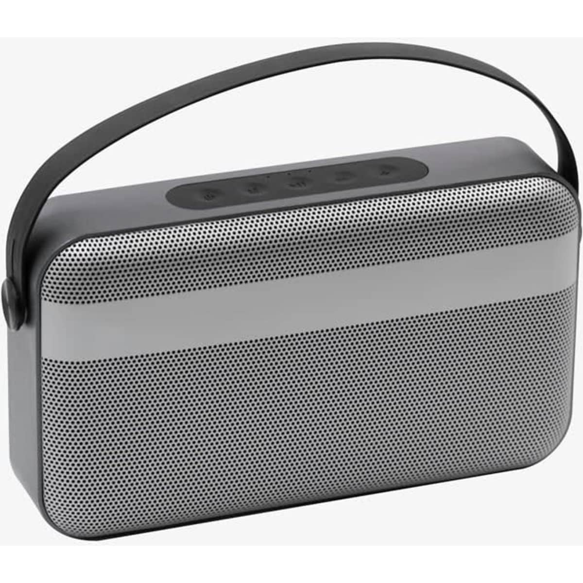 A wireless speaker in black and silver with a handle and control buttons on top. It has a metallic finish and a logo.