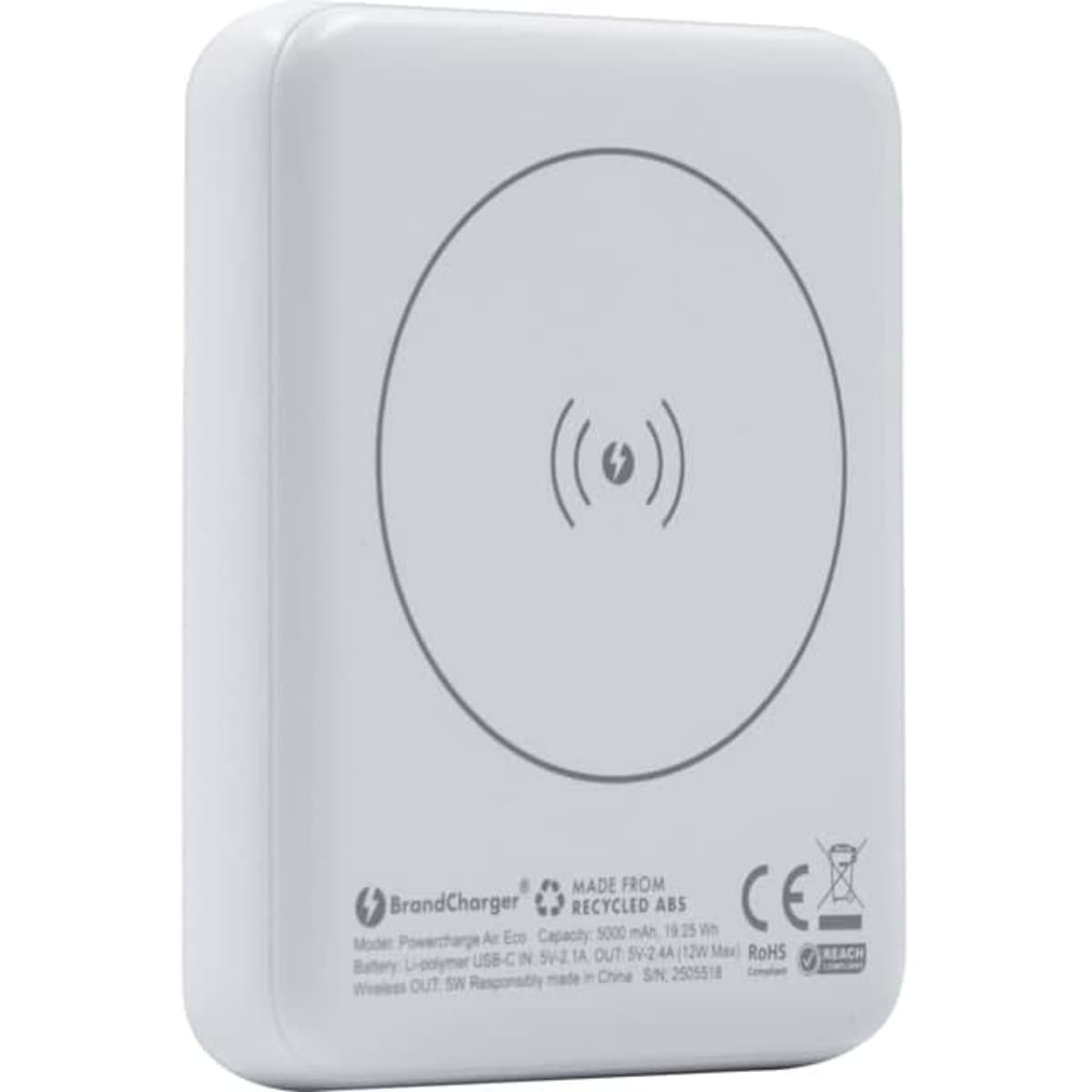 A white magnetic wireless power bank with a circular charging symbol on the surface and a branding logo.