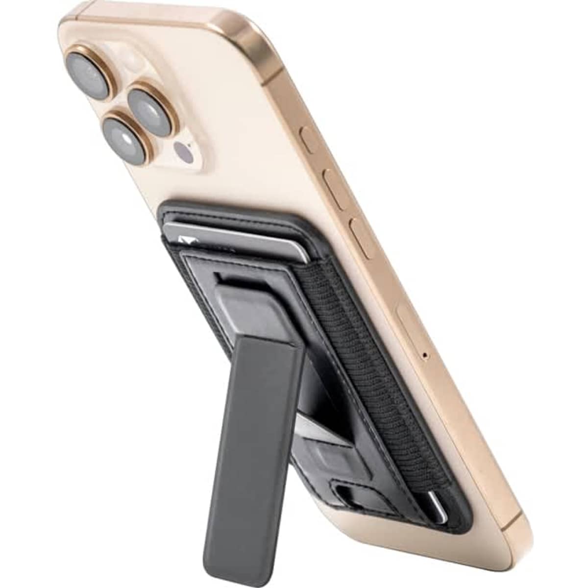 A phone stand with a black holder attached to a gold smartphone, featuring a back support for stability.