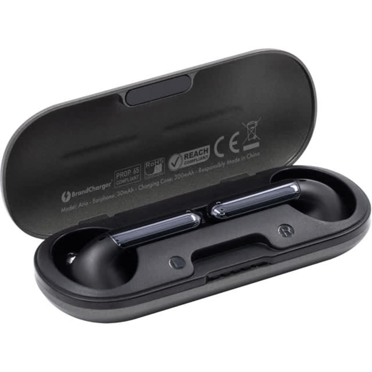 A pair of black Aria true wireless earbuds resting in a black charging case with a logo and branding.