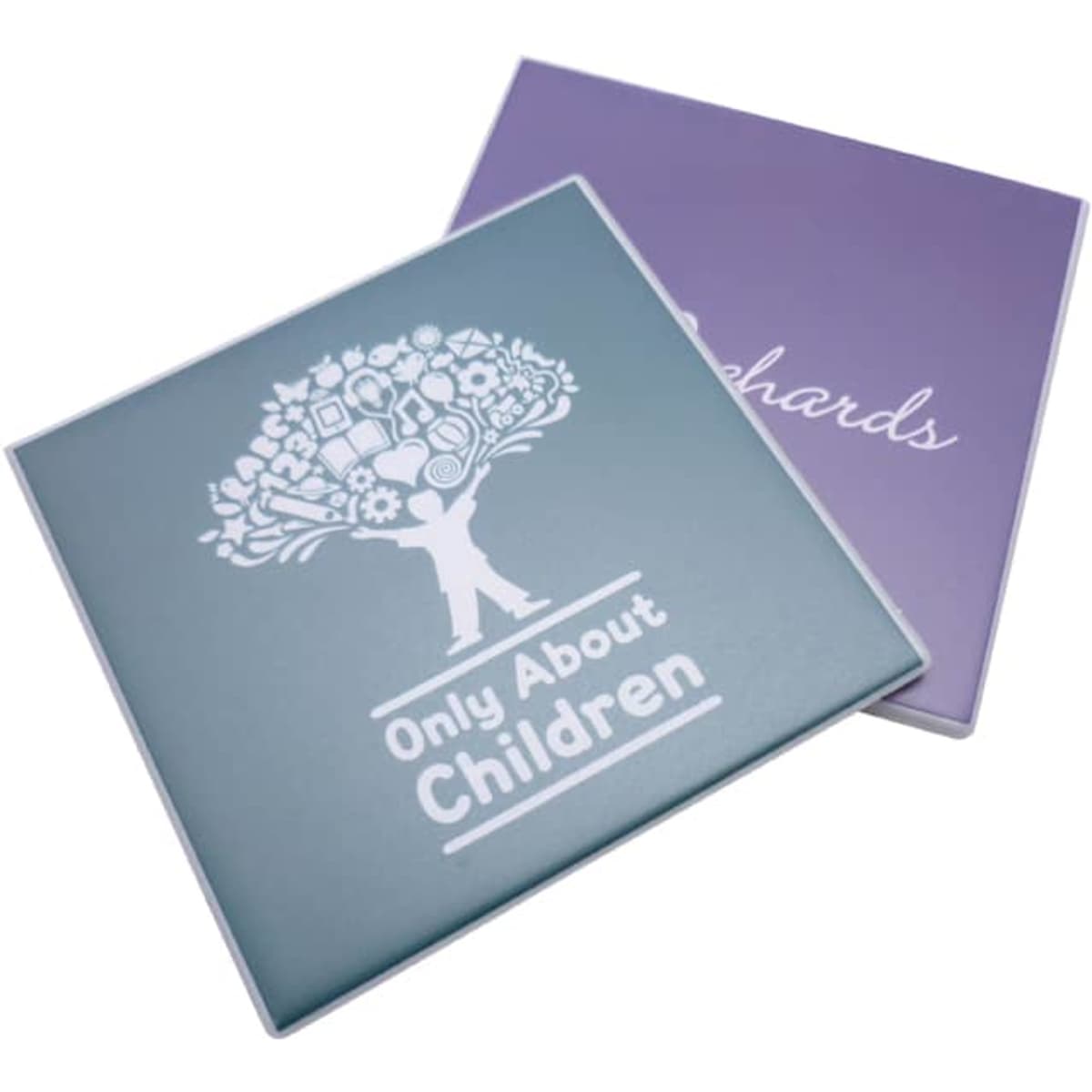 A teal and purple welded coaster featuring a tree graphic and a logo. The coaster is square-shaped.
