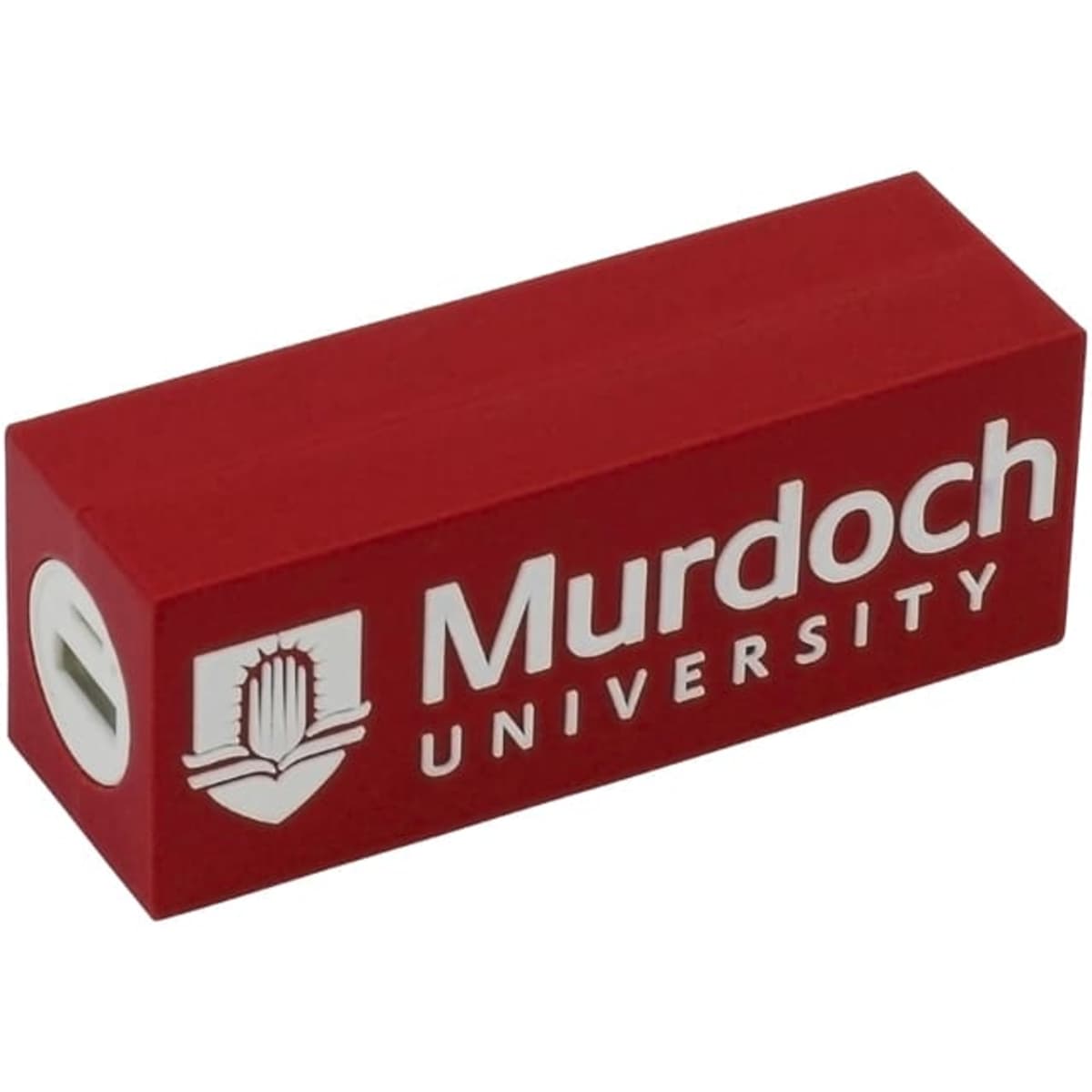 A red custom power bank with a logo featuring the name "Murdoch University".