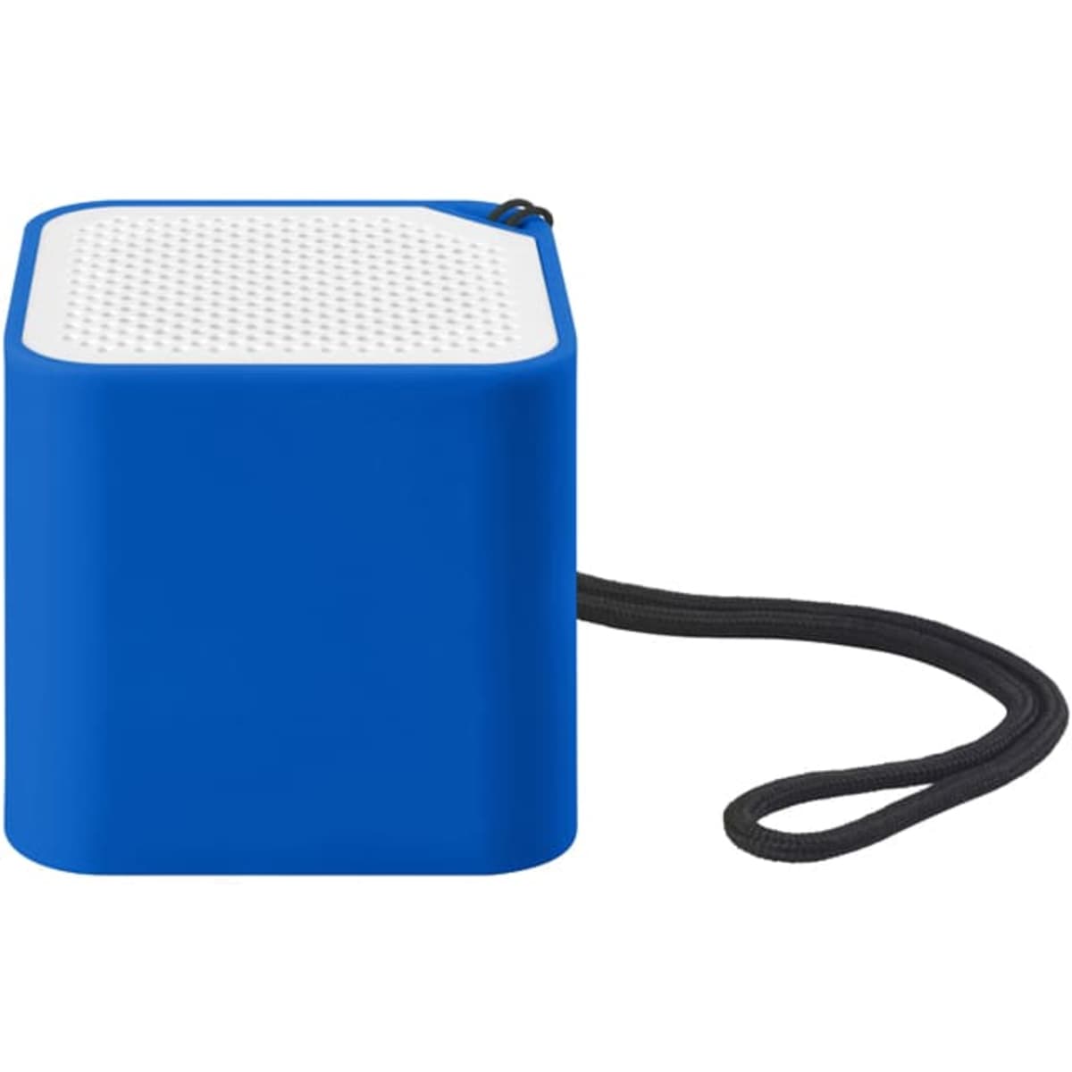 A blue square speaker with a textured white top and a black carrying strap attached. It features a branding logo.