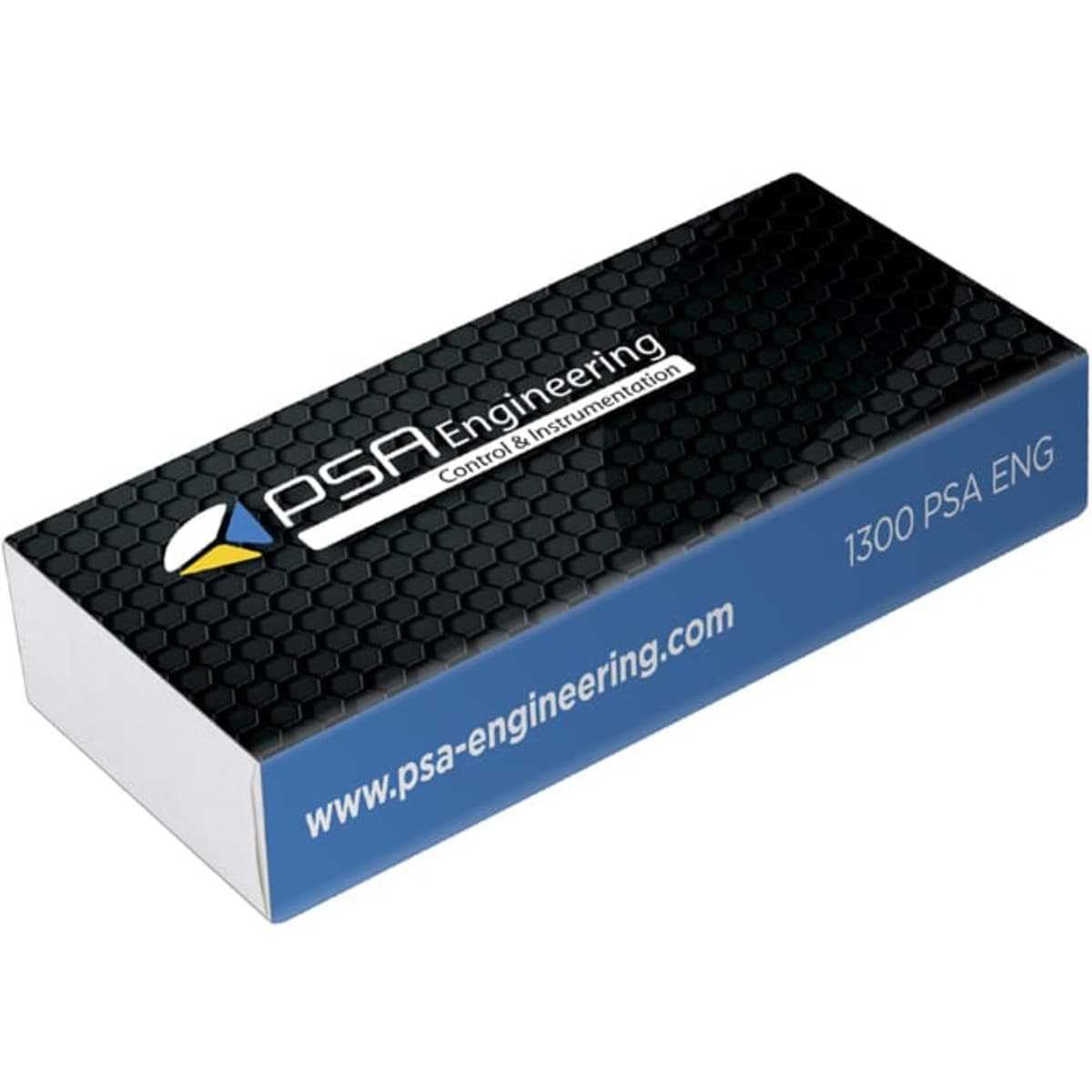 A rectangular box featuring a black hexagonal pattern with a blue base. It has a logo and website printed on it.
