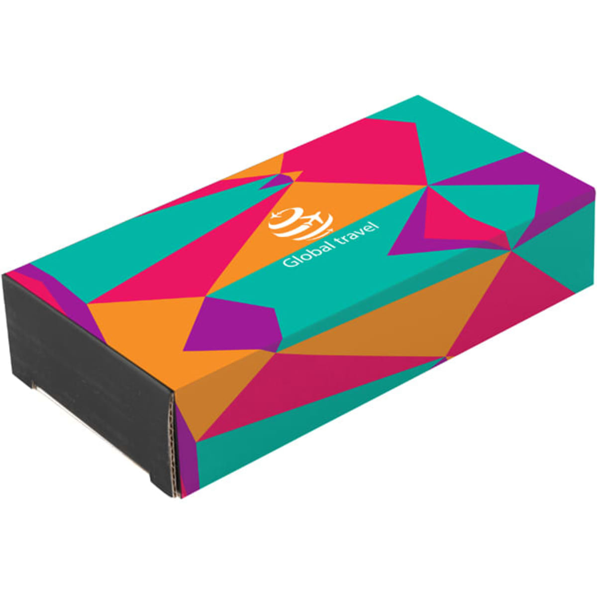 A brightly coloured customised printed sleeve featuring geometric patterns in shades of teal, orange, and purple.