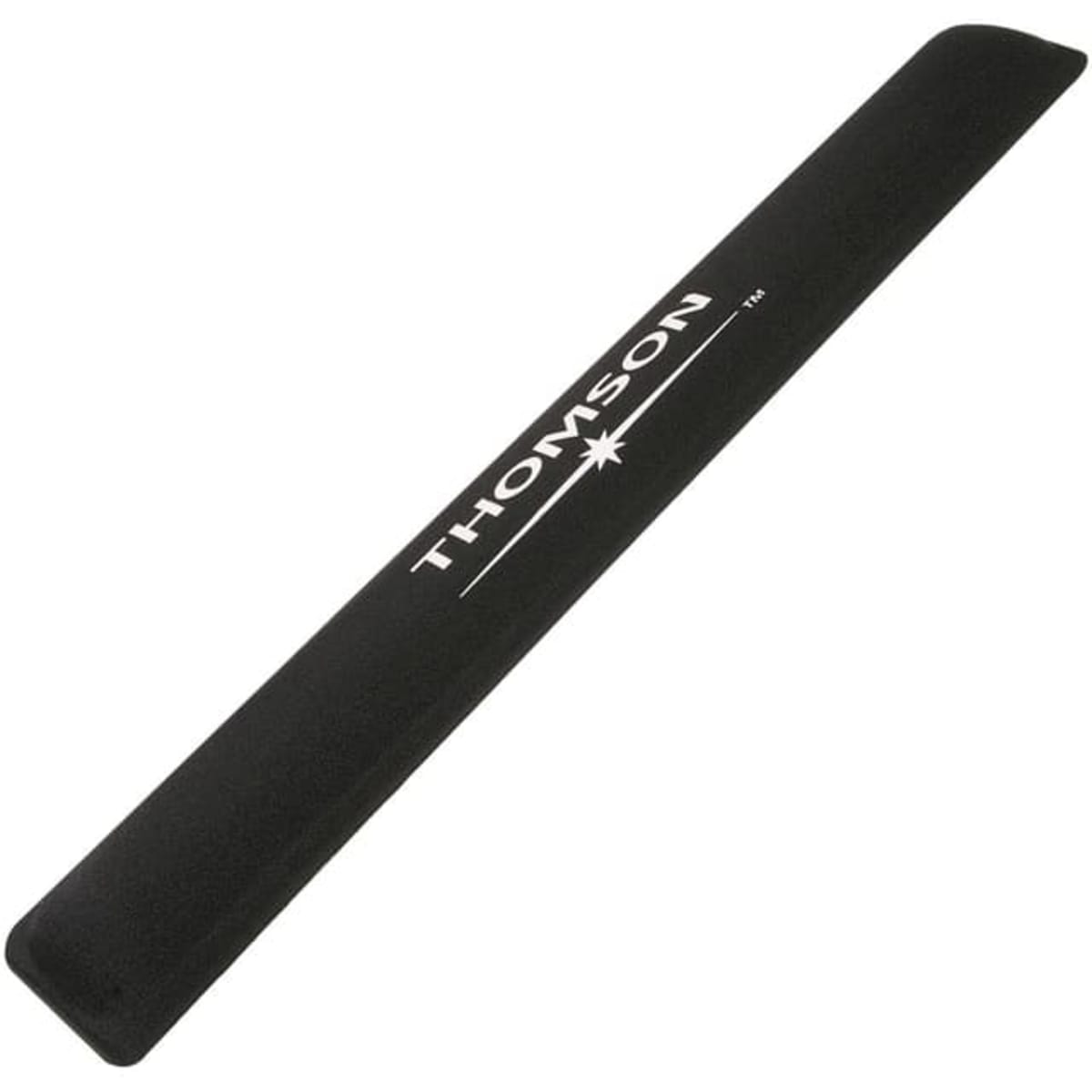 A black gel keyboard wrist rest with a smooth surface and rounded edges, featuring a logo.