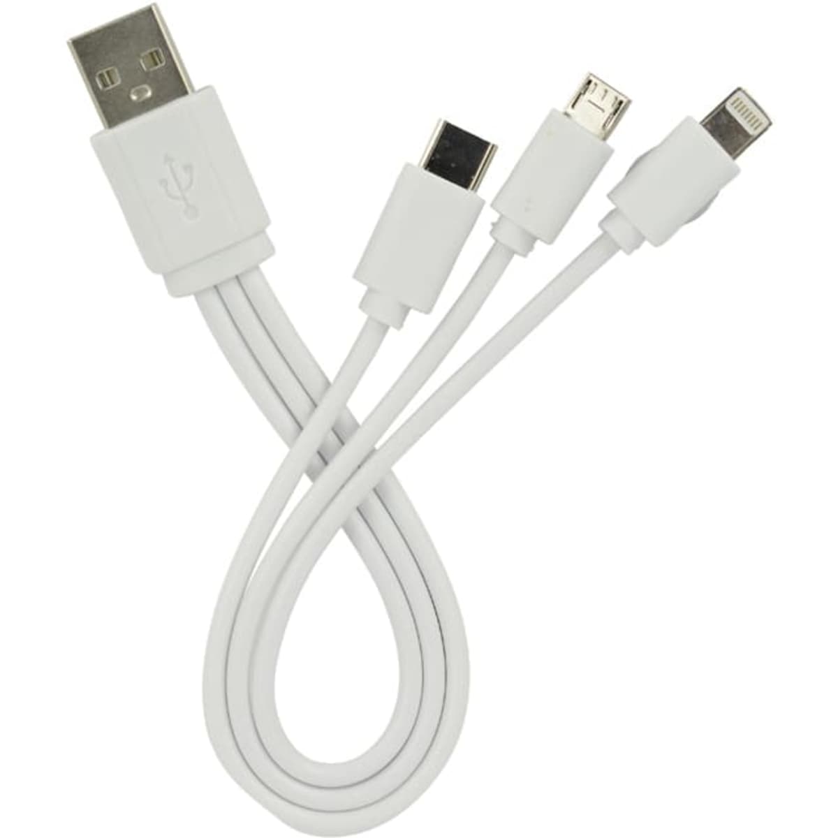 A multi-charge cable in white with a USB connector and multiple charging tips. Features a logo on the connector.