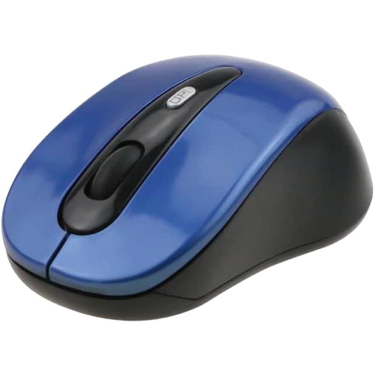 A wireless mouse in blue and black with a smooth finish and a scroll wheel, featuring a brand logo.
