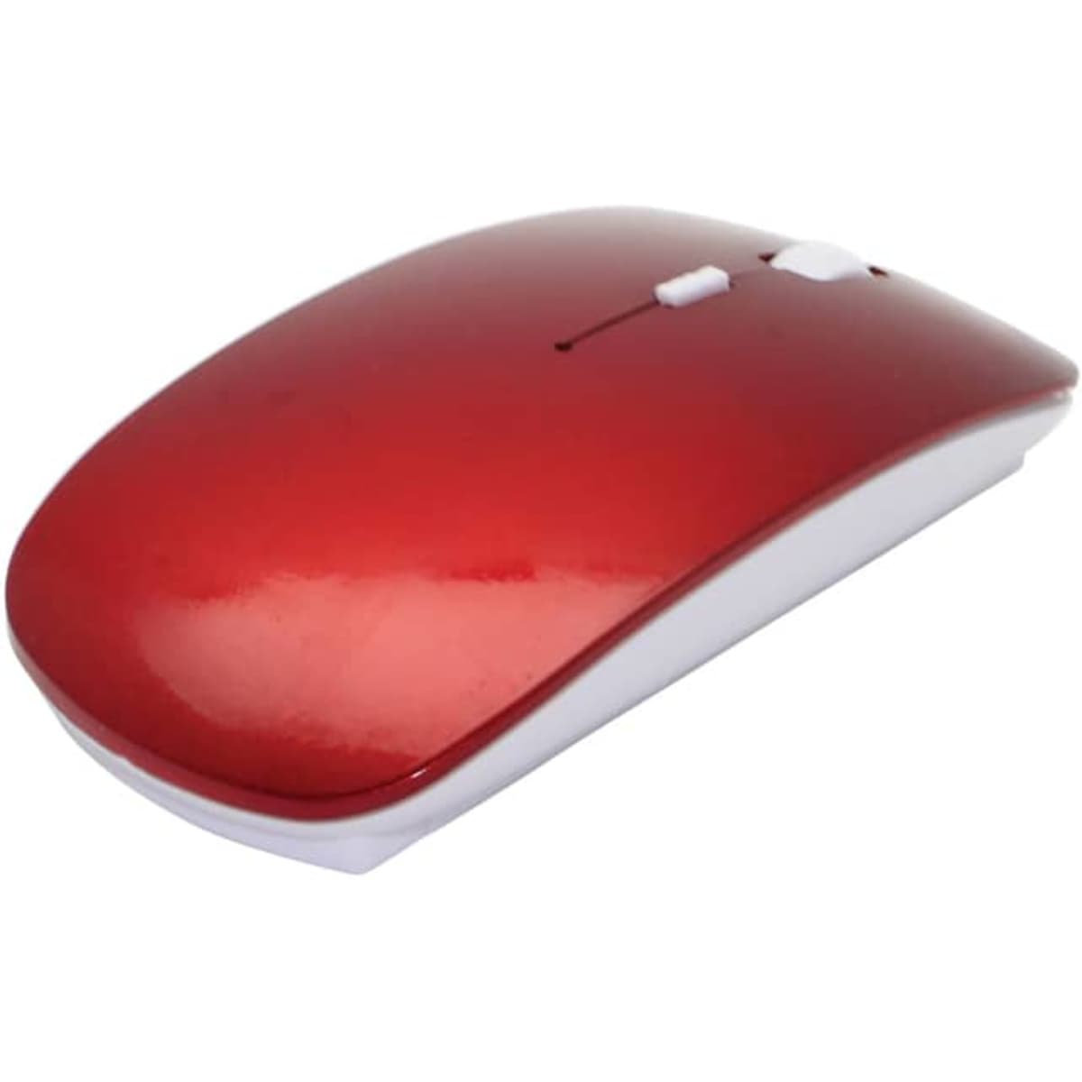 A red and white wireless mouse with a sleek design, featuring one button and a scroll wheel.