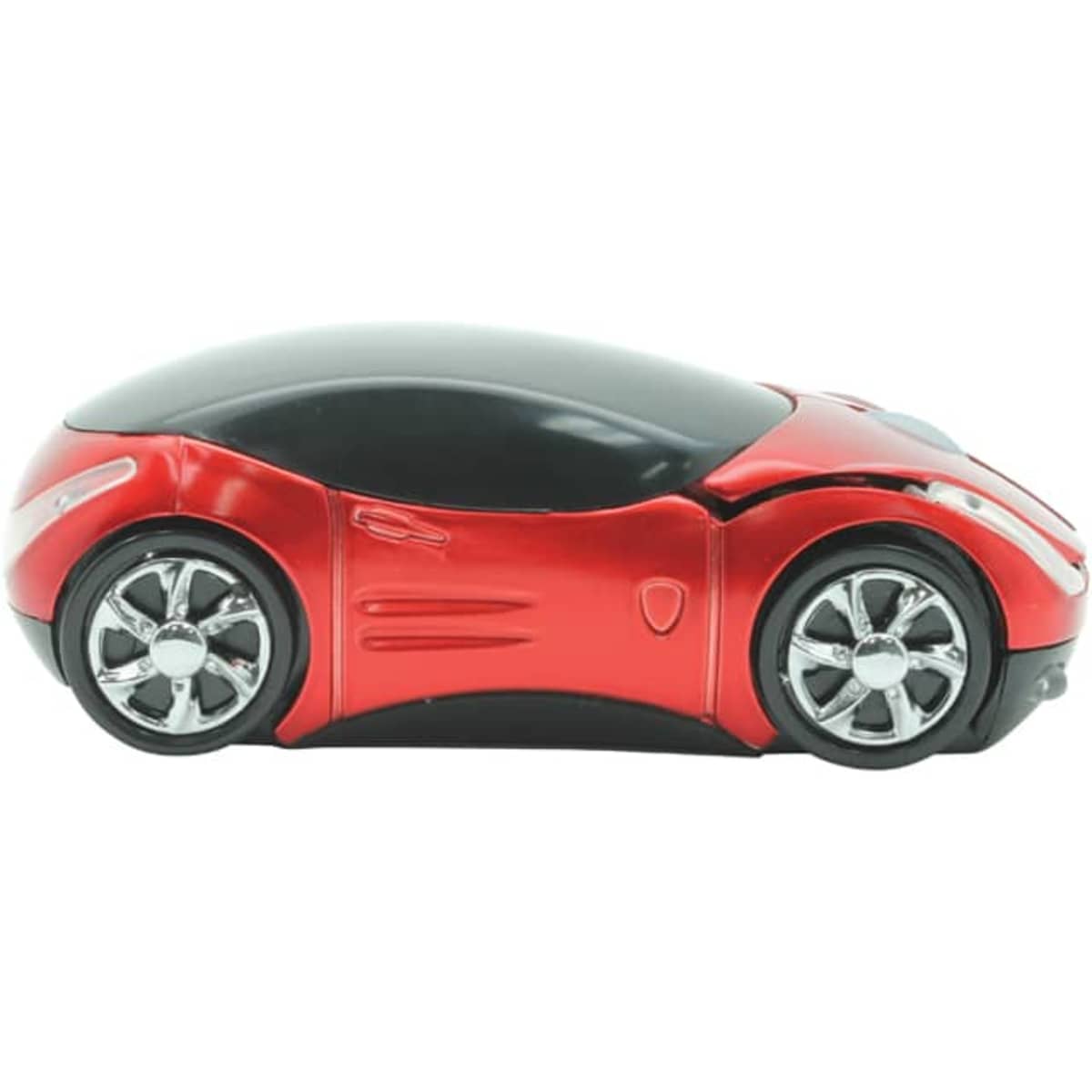 A sleek red wireless mouse designed to resemble a sporty car, featuring black accents and shiny wheels.
