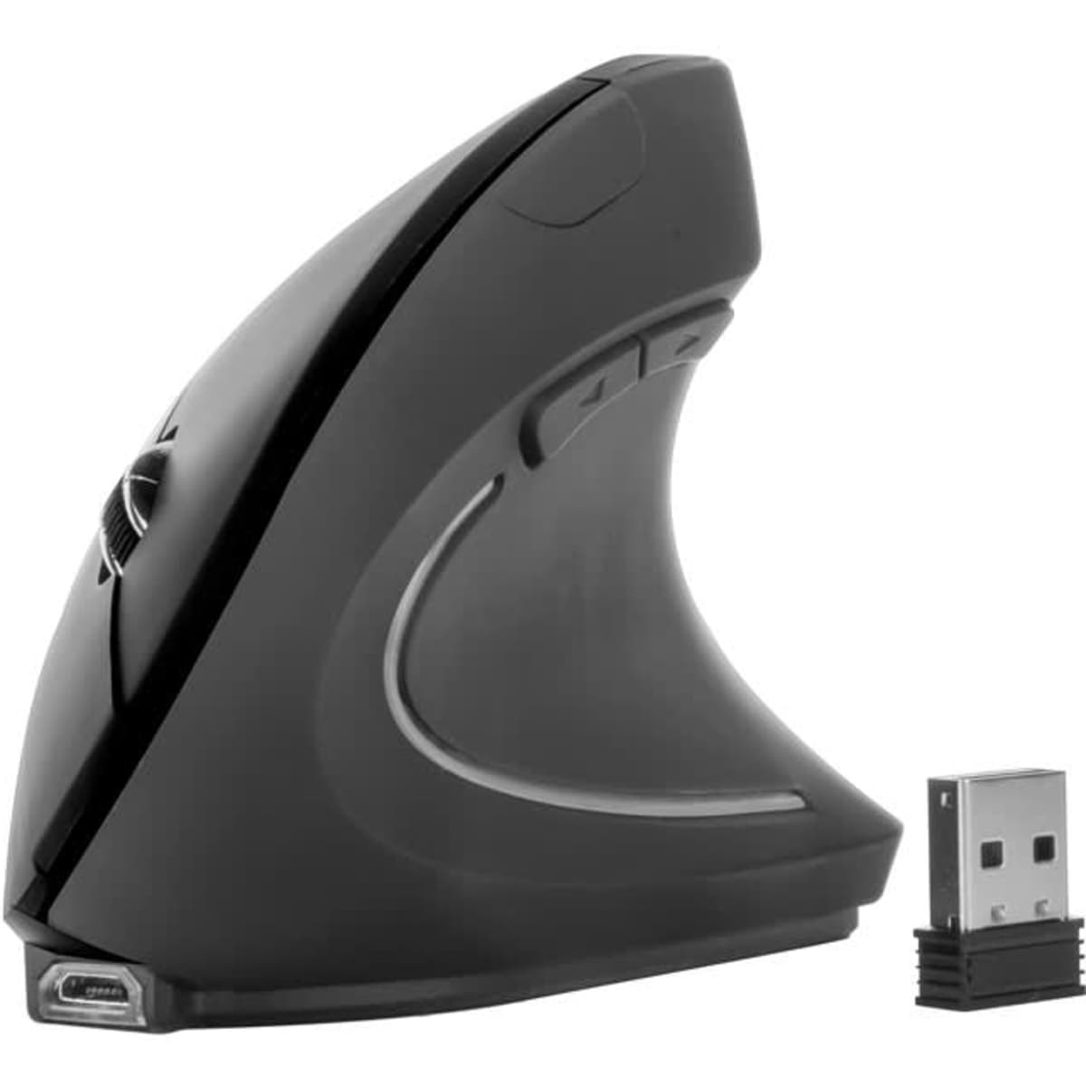 An ergonomic wireless mouse in black with a USB receiver beside it. The design features a curved shape for comfort.