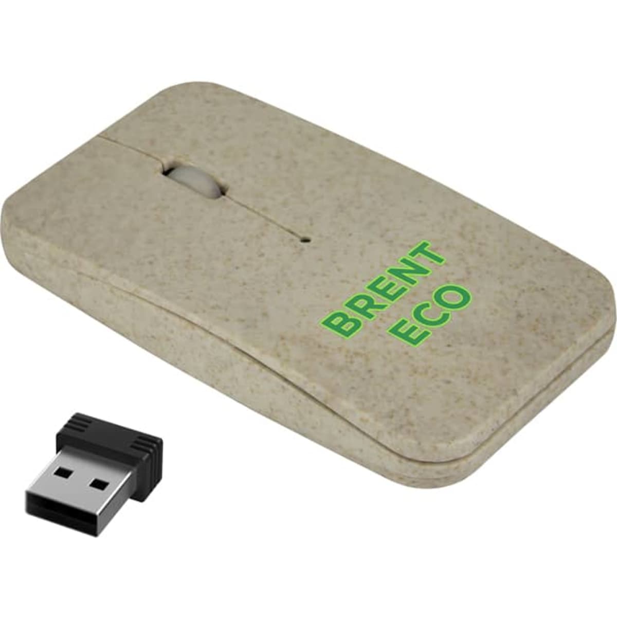 A beige eco-friendly wireless mouse is displayed alongside a small USB receiver. The mouse features a branding logo.