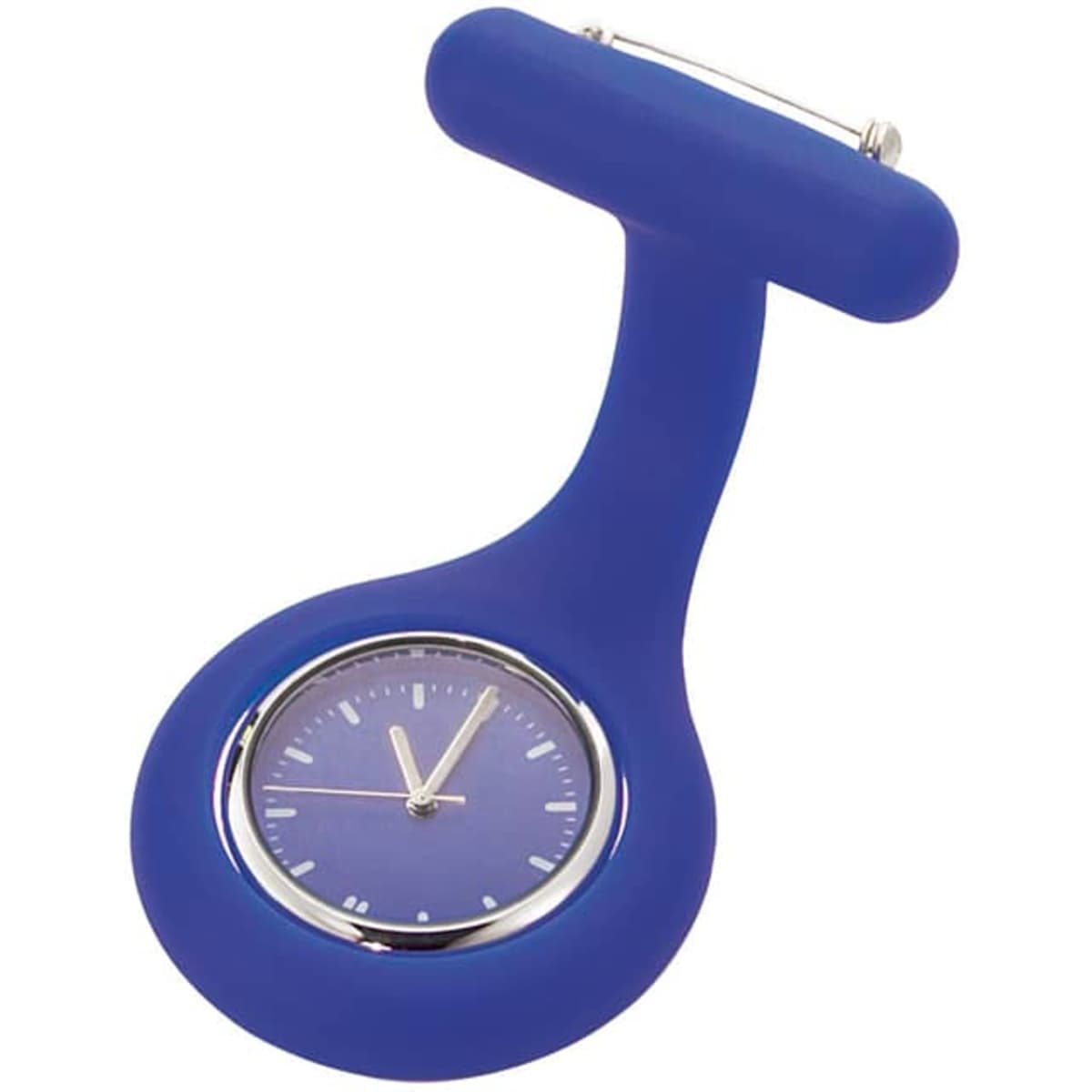 A blue silicone nurses watch with a clip and a round face displaying the time. Features a logo as well.