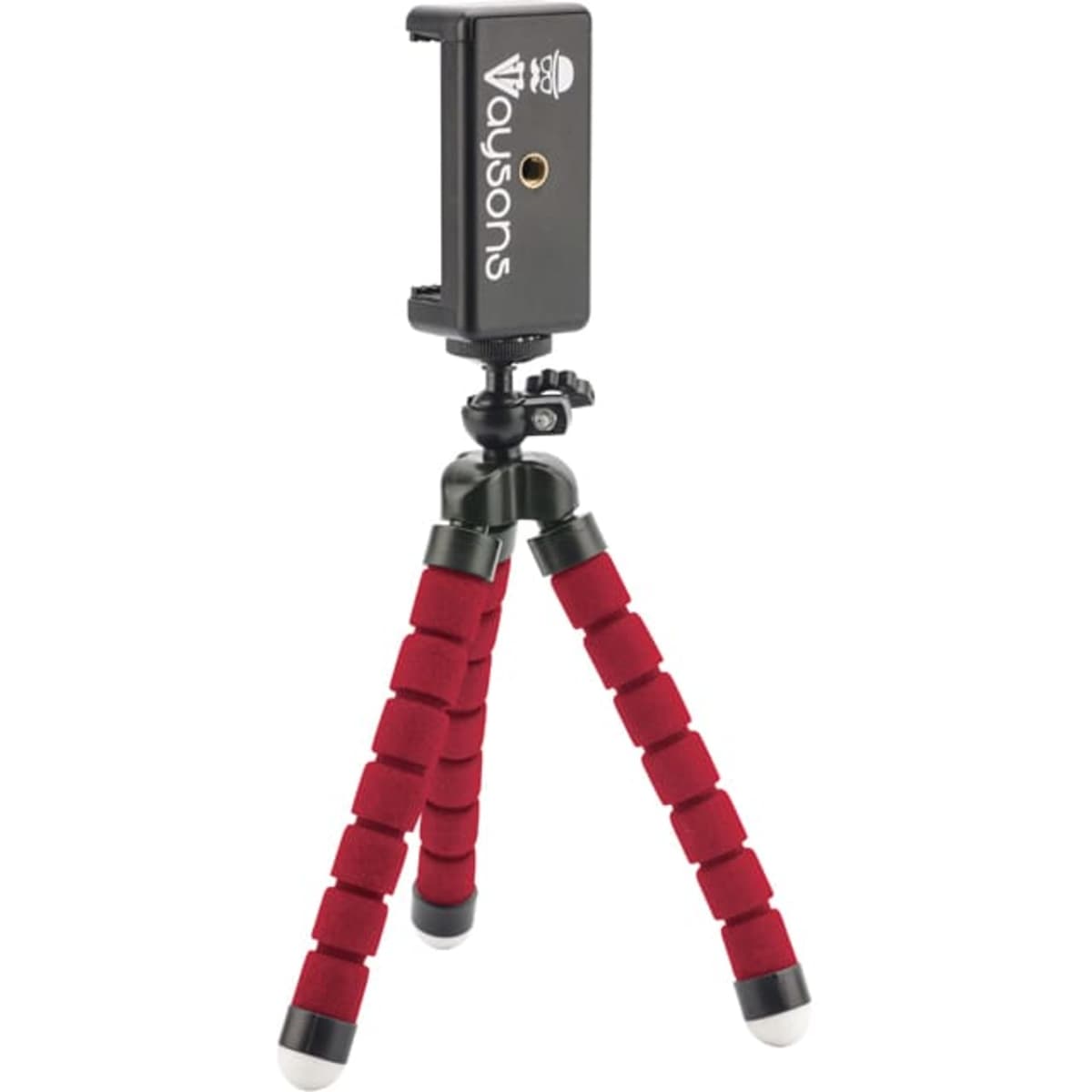 A small tripod with red rubber legs and a black mounting plate for attaching devices. Features a branding logo.
