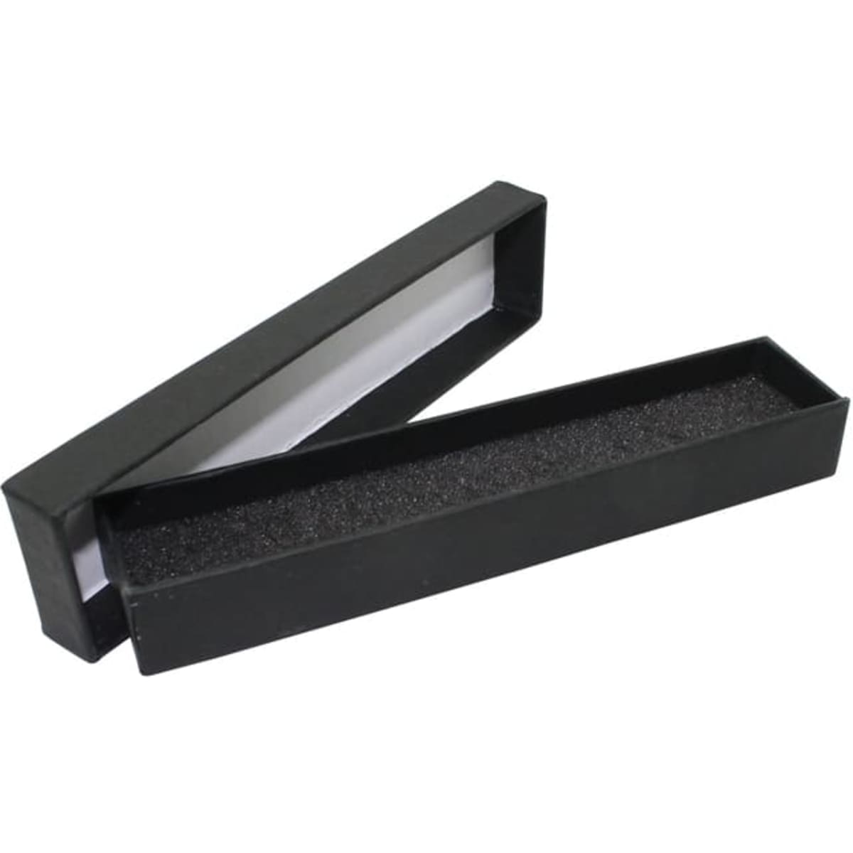 A black two-part pen box with a sleek design and a foam interior for cushioning. It features a transparent top section.