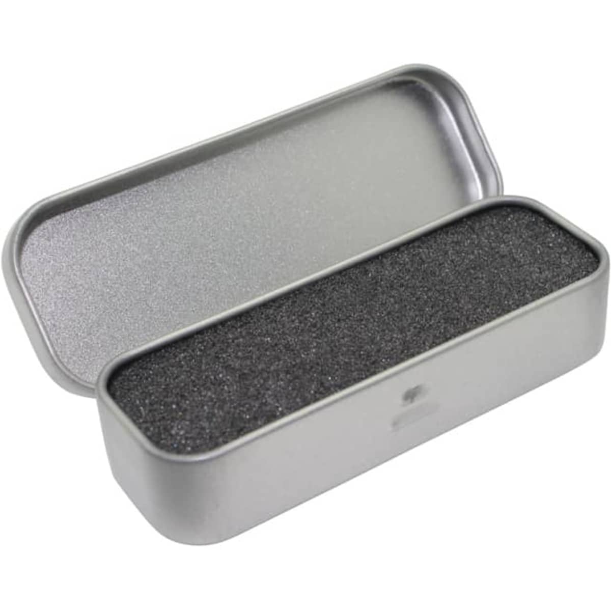 A silver tin box with a removable lid, featuring a black foam interior for pen storage.