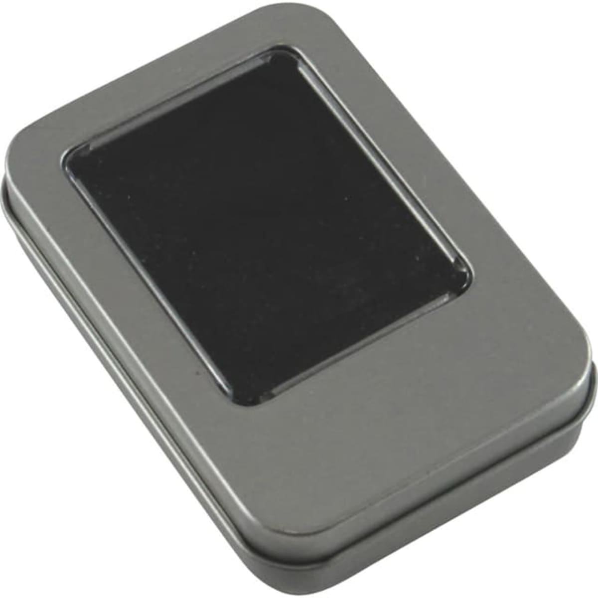 A grey tin with a PVC window, designed for packaging pens. The tin has a sleek, rectangular shape.